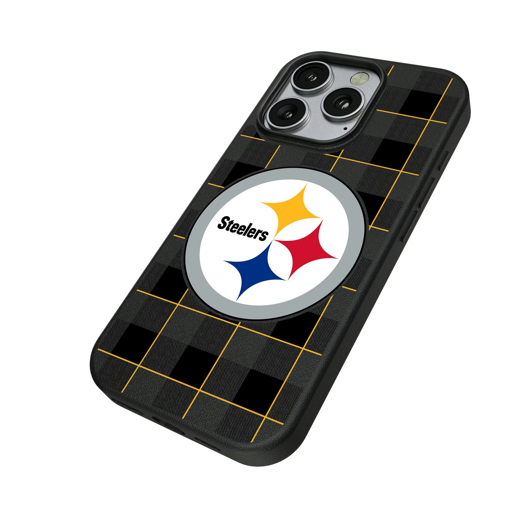 Pittsburgh Steelers Plaid iPhone MagSafe Compatible Phone Case for Apple iPhone - Isometric View