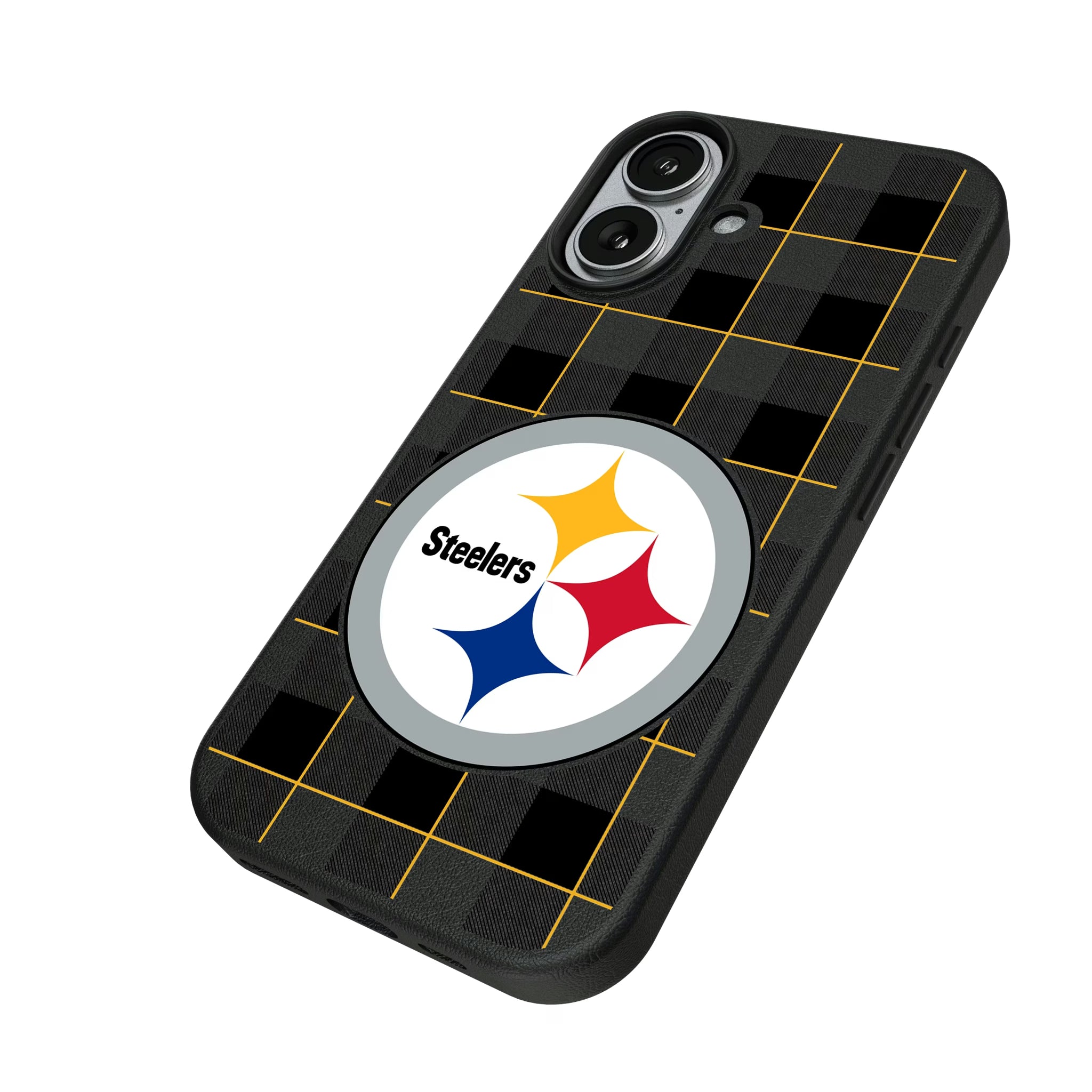 Pittsburgh Steelers Plaid iPhone MagSafe Compatible Phone Case for Apple iPhone - Isometric View#Device_iPhone 17