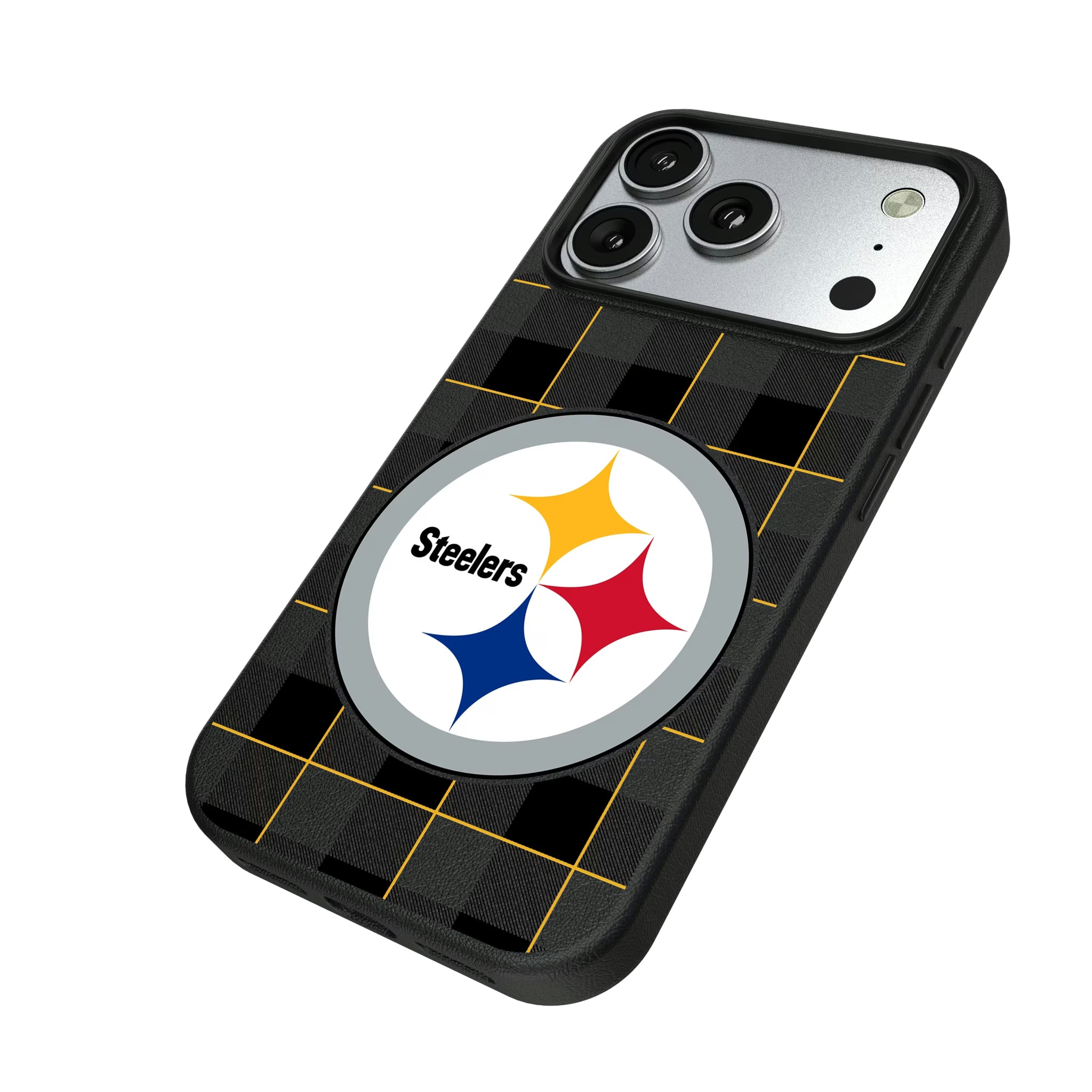 Pittsburgh Steelers Plaid iPhone MagSafe Compatible Phone Case for Apple iPhone - Isometric View#Device_iPhone 17 Pro