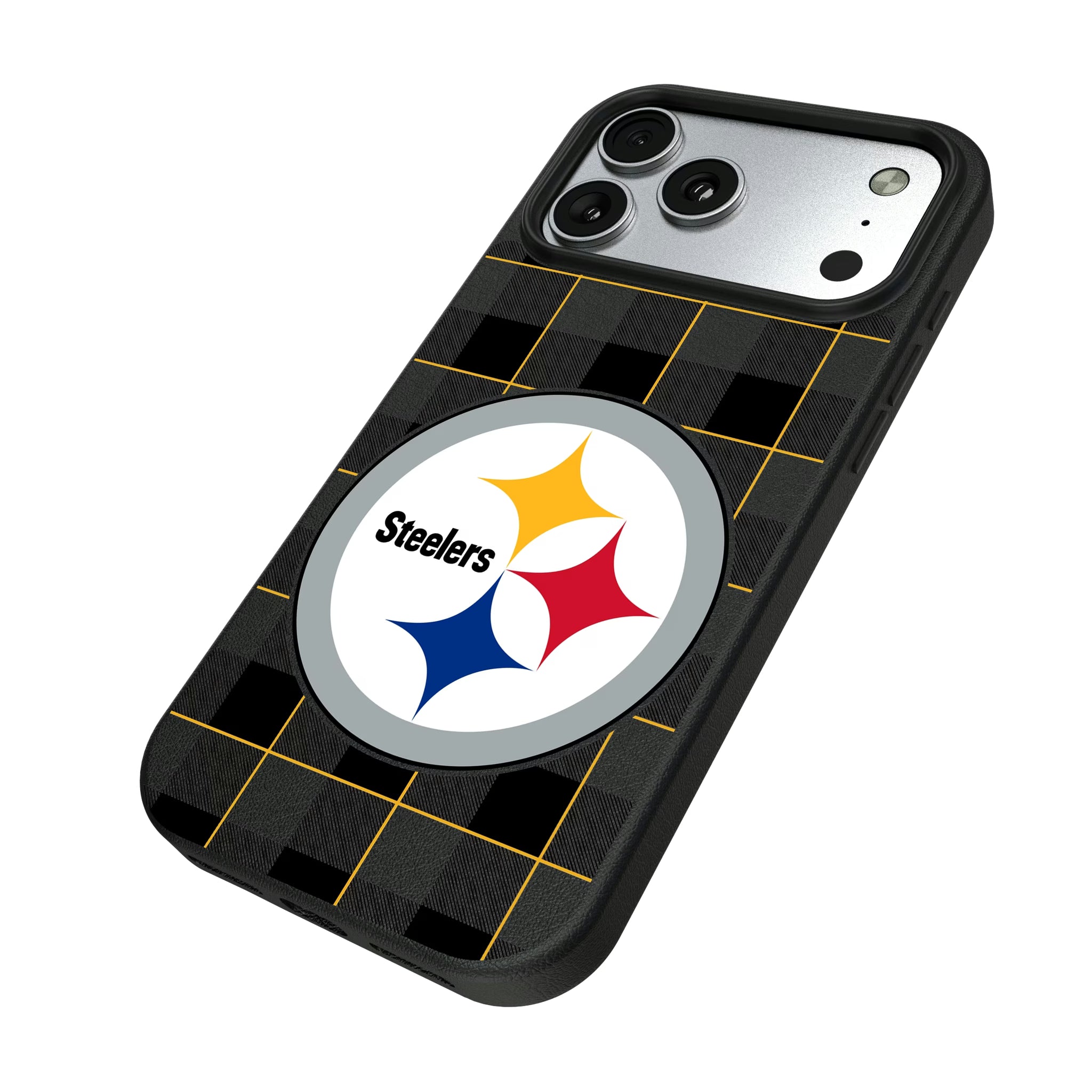Pittsburgh Steelers Plaid iPhone MagSafe Compatible Phone Case for Apple iPhone - Isometric View#Device_iPhone 17 Pro Max