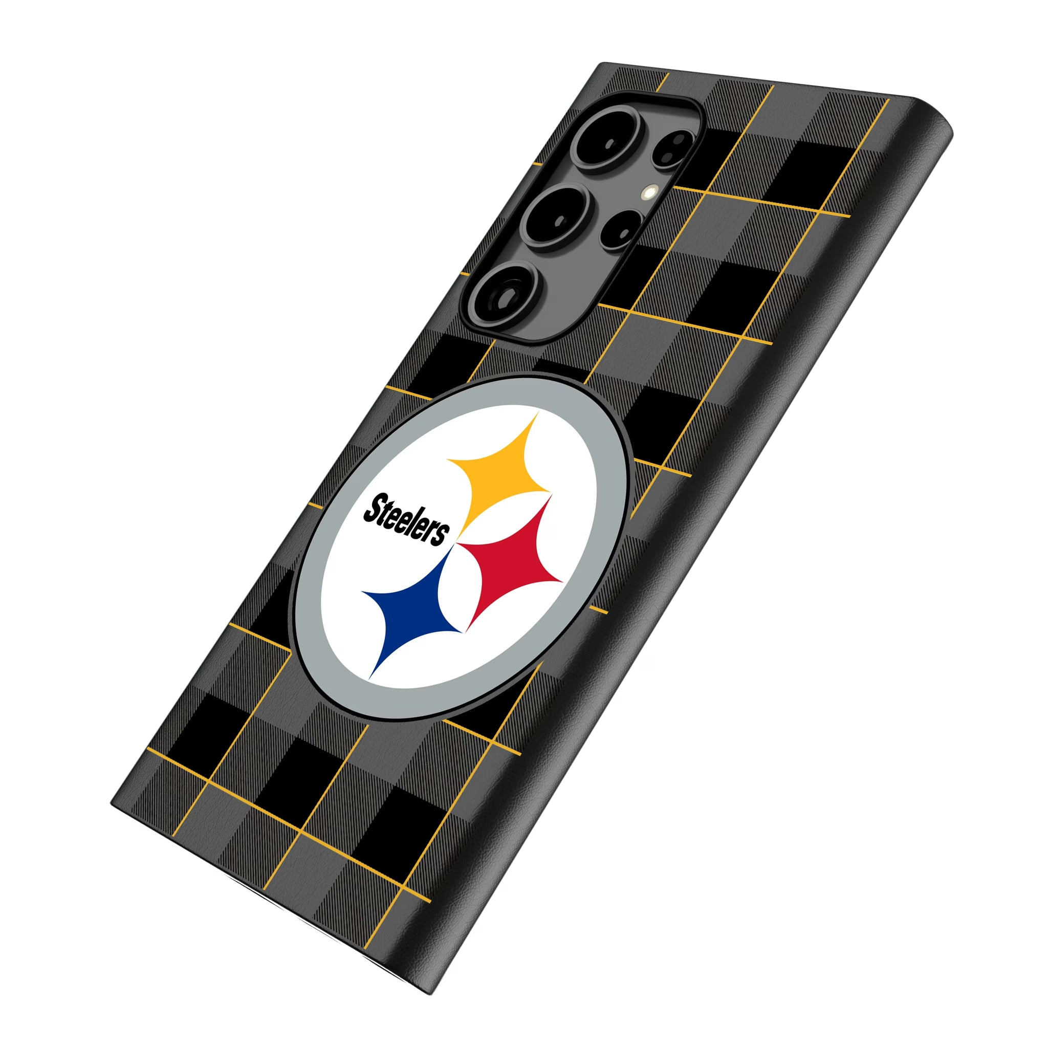 Pittsburgh Steelers Plaid Galaxy MagSafe Compatible Phone Case for Samsung Galaxy - Isometric View
