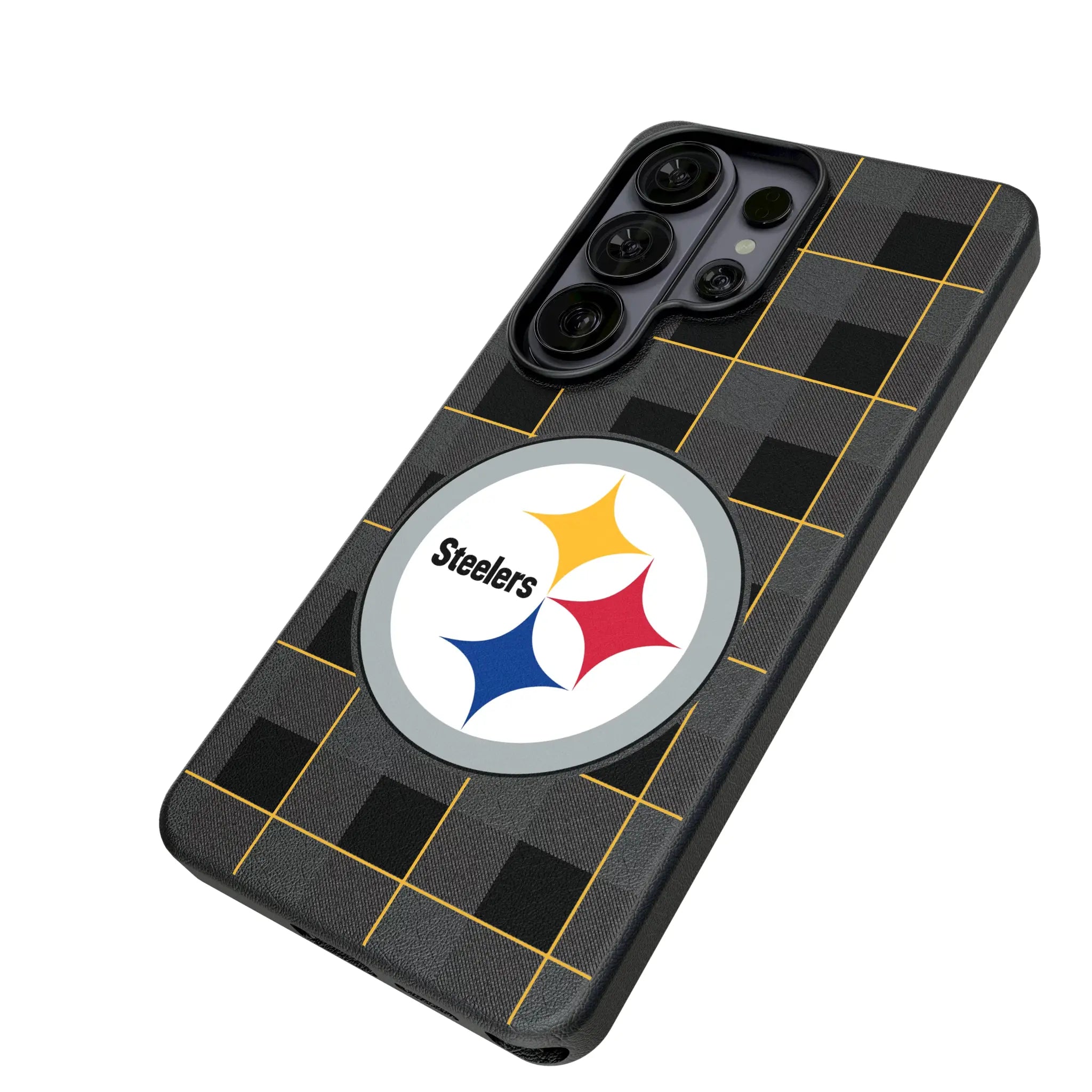 Pittsburgh Steelers Plaid Galaxy MagSafe Compatible Phone Case for Samsung Galaxy - Isometric View#Device_Galaxy S26 Ultra