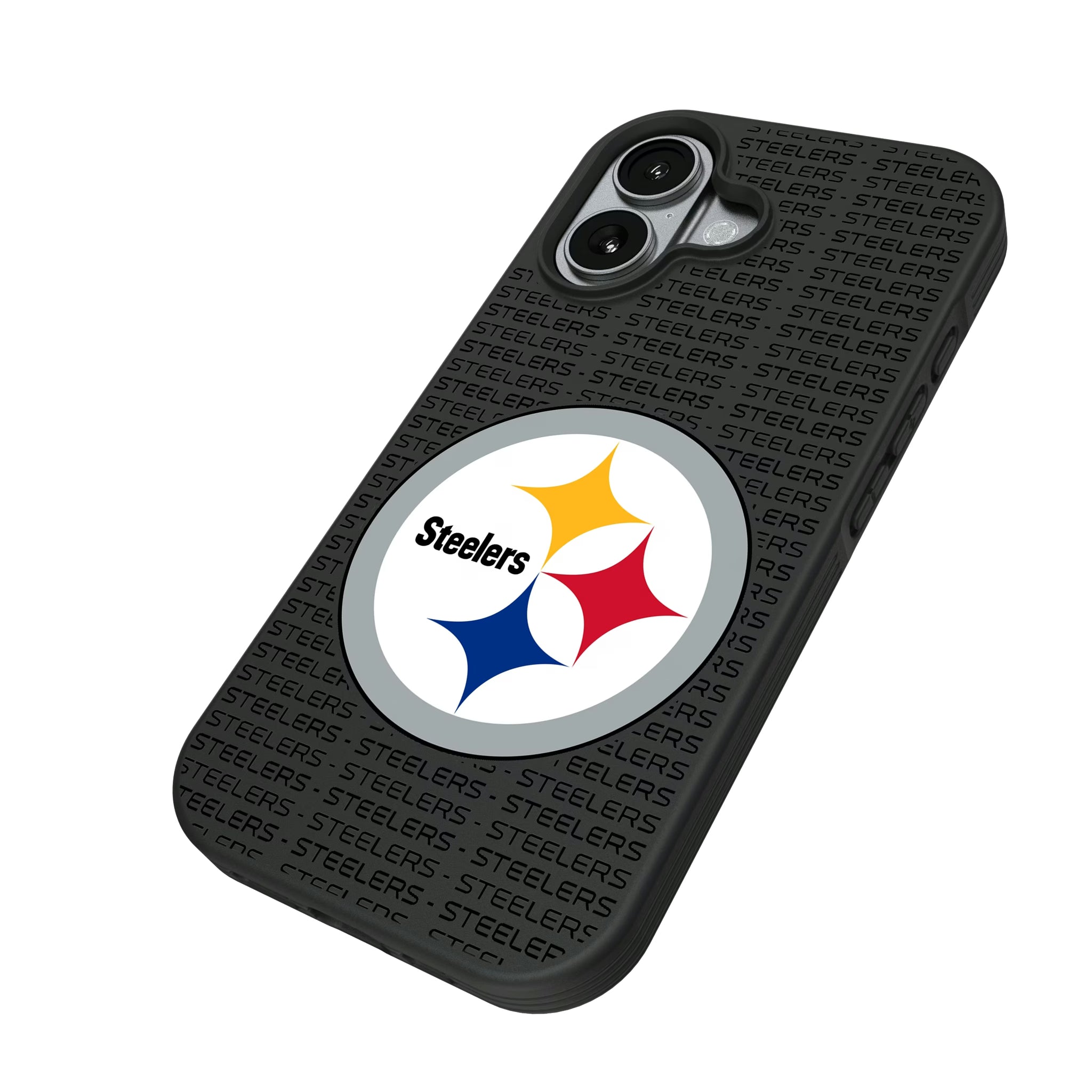 Pittsburgh Steelers Text Backdrop iPhone Bump Phone Case for Apple iPhone - Isometric View#Device_iPhone 17