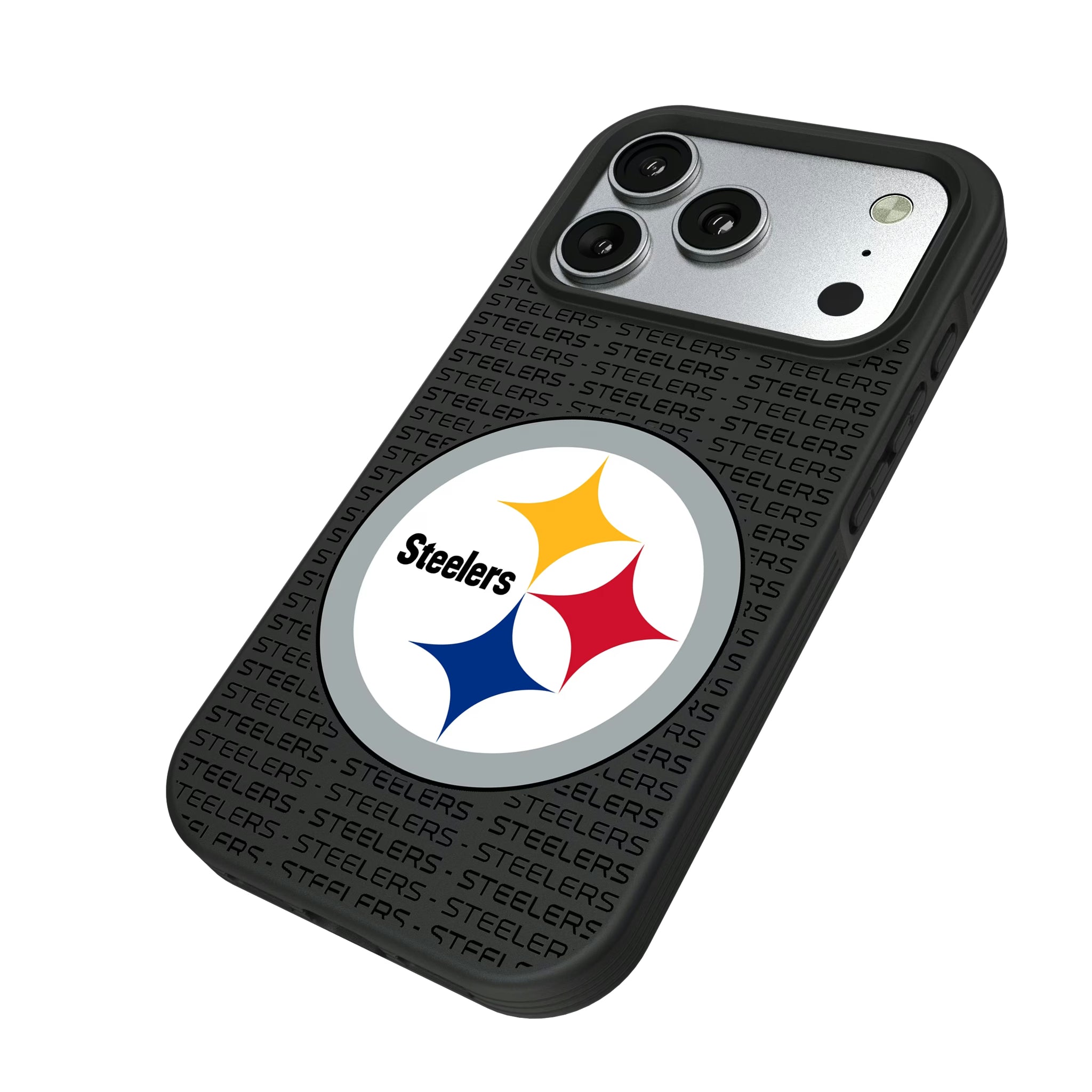 Pittsburgh Steelers Text Backdrop iPhone Bump Phone Case for Apple iPhone - Isometric View#Device_iPhone 17 Pro