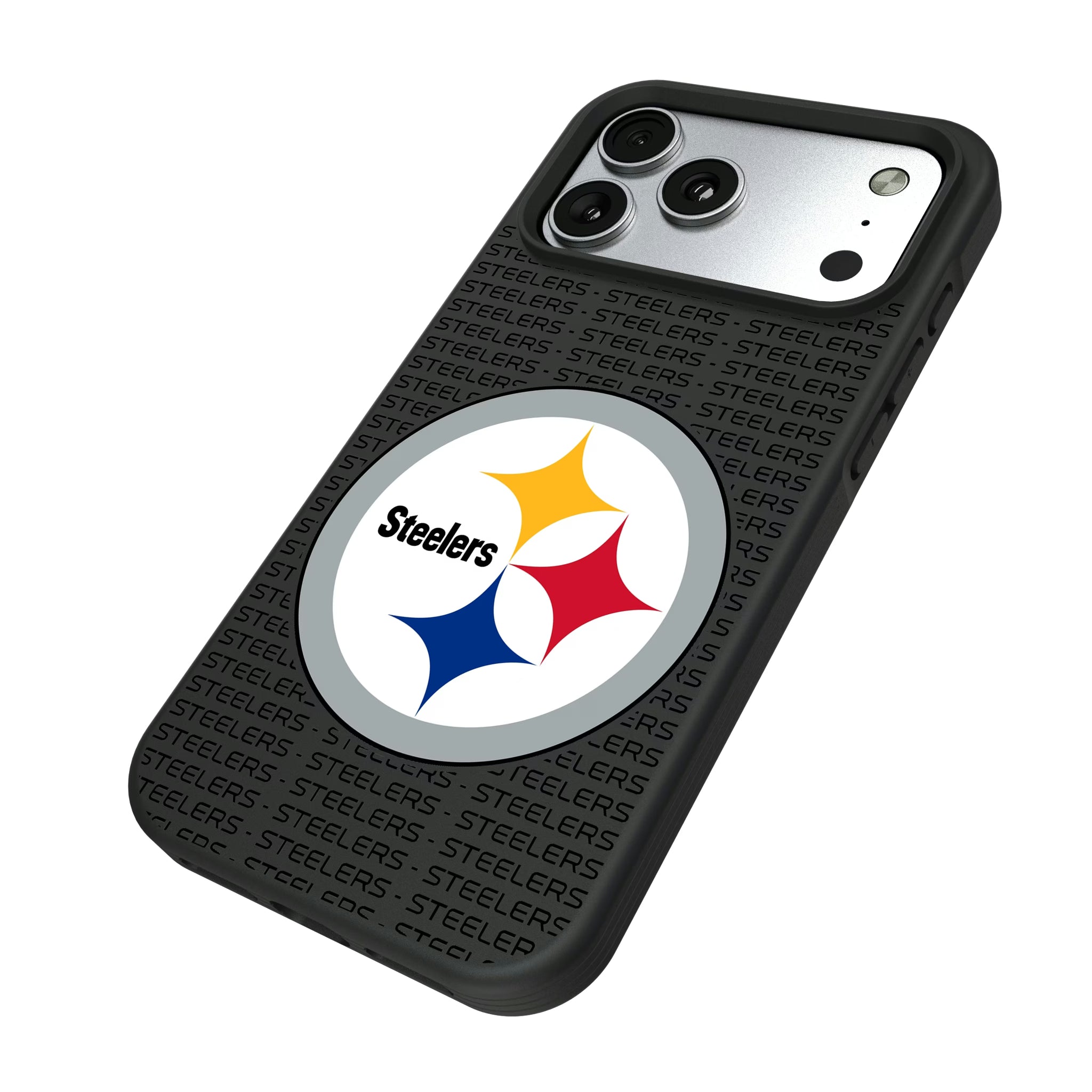 Pittsburgh Steelers Text Backdrop iPhone Bump Phone Case for Apple iPhone - Isometric View#Device_iPhone 17 Pro Max