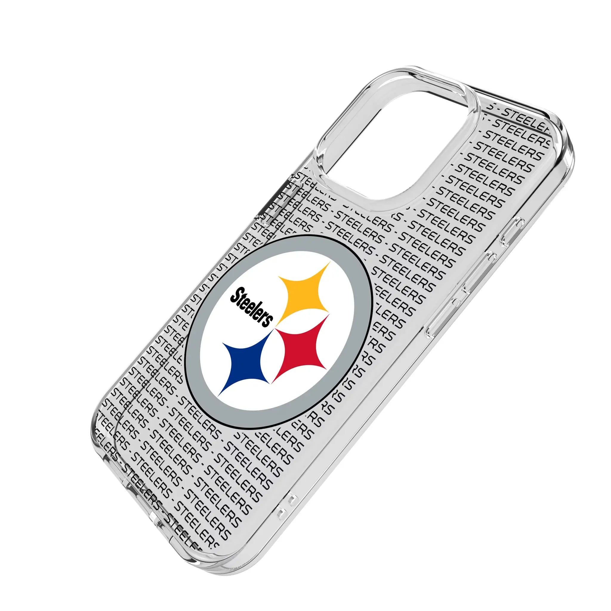 Pittsburgh Steelers Text Backdrop iPhone Clear Phone Case for Apple iPhone - Isometric View