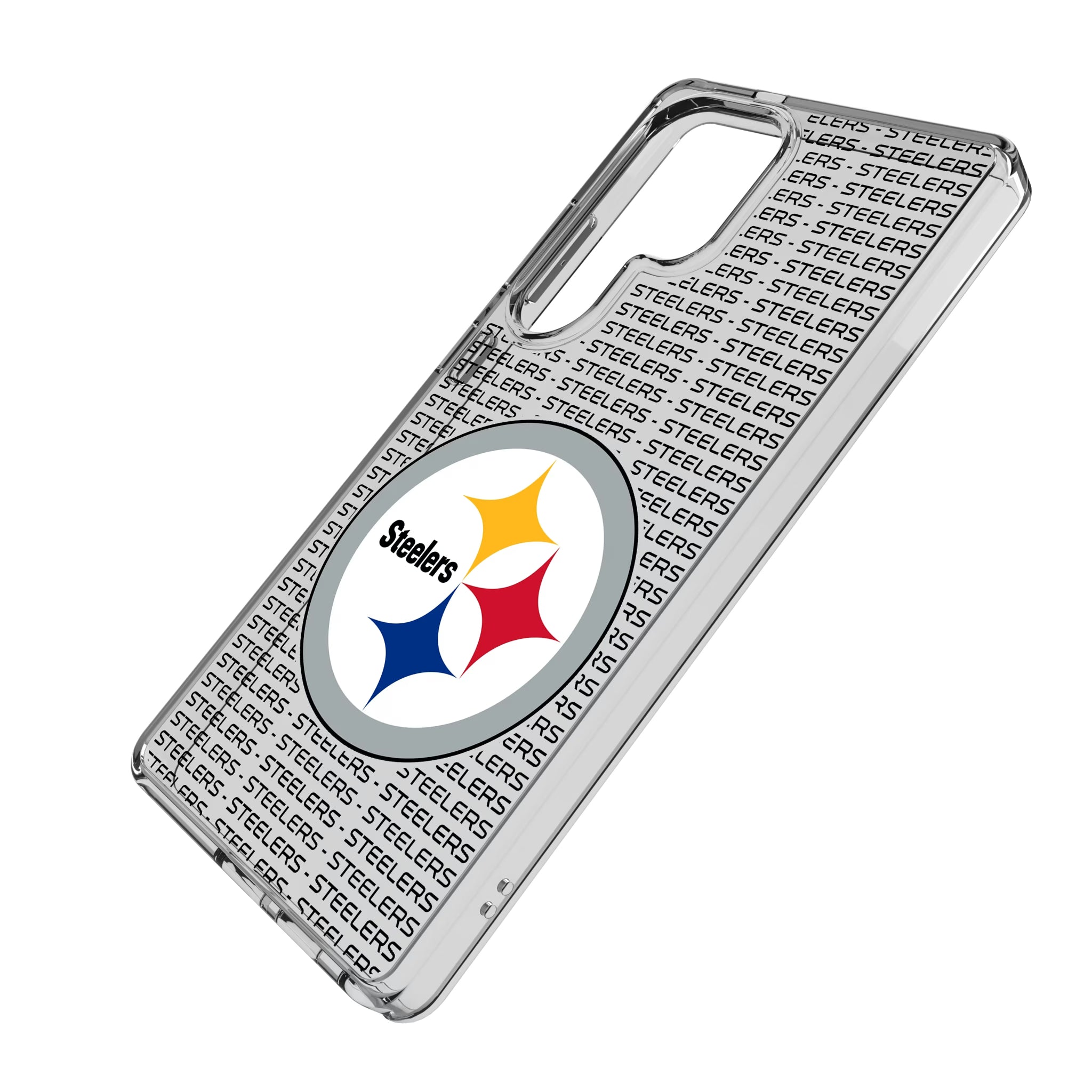 Pittsburgh Steelers Text Backdrop Galaxy Clear Phone Case for Samsung Galaxy - Isometric View