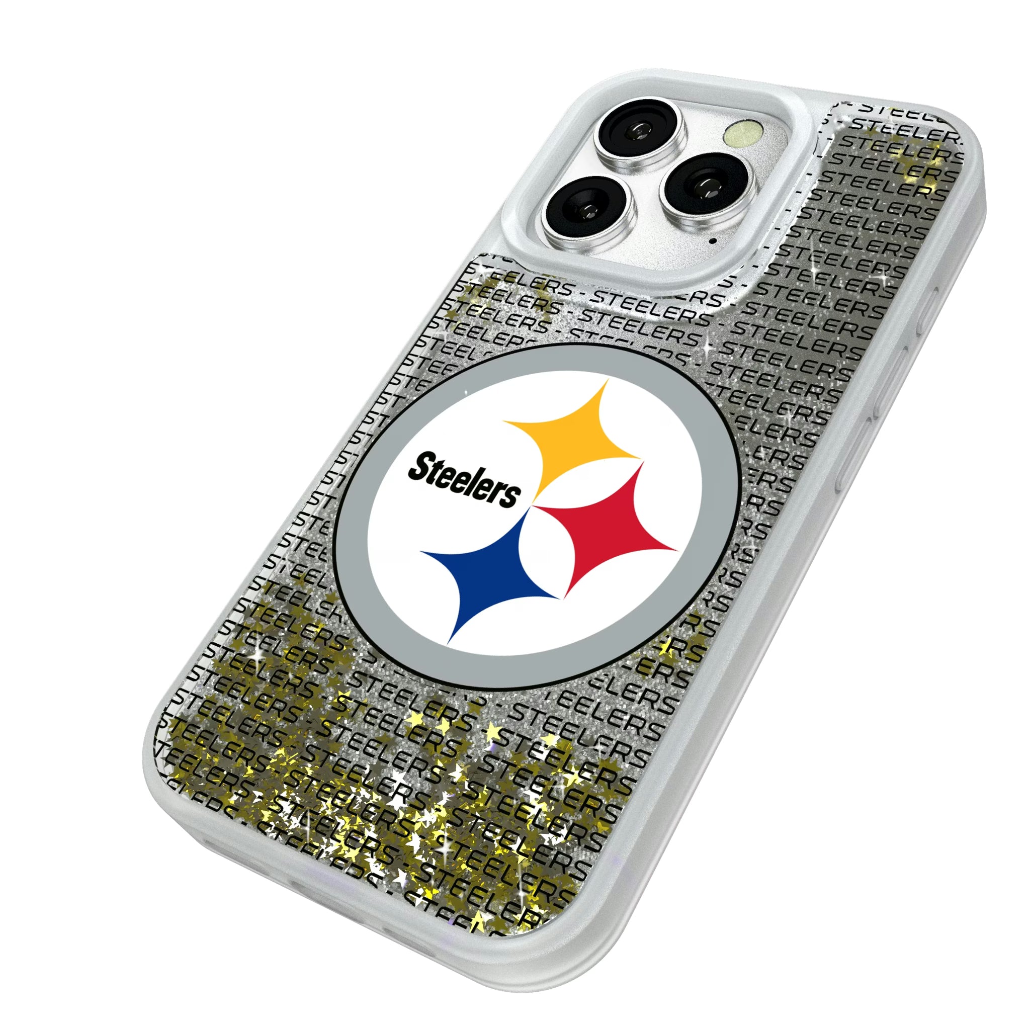 Pittsburgh Steelers Text Backdrop iPhone Glitter Phone Case for Apple iPhone - Isometric View#Device_iPhone 16 Pro