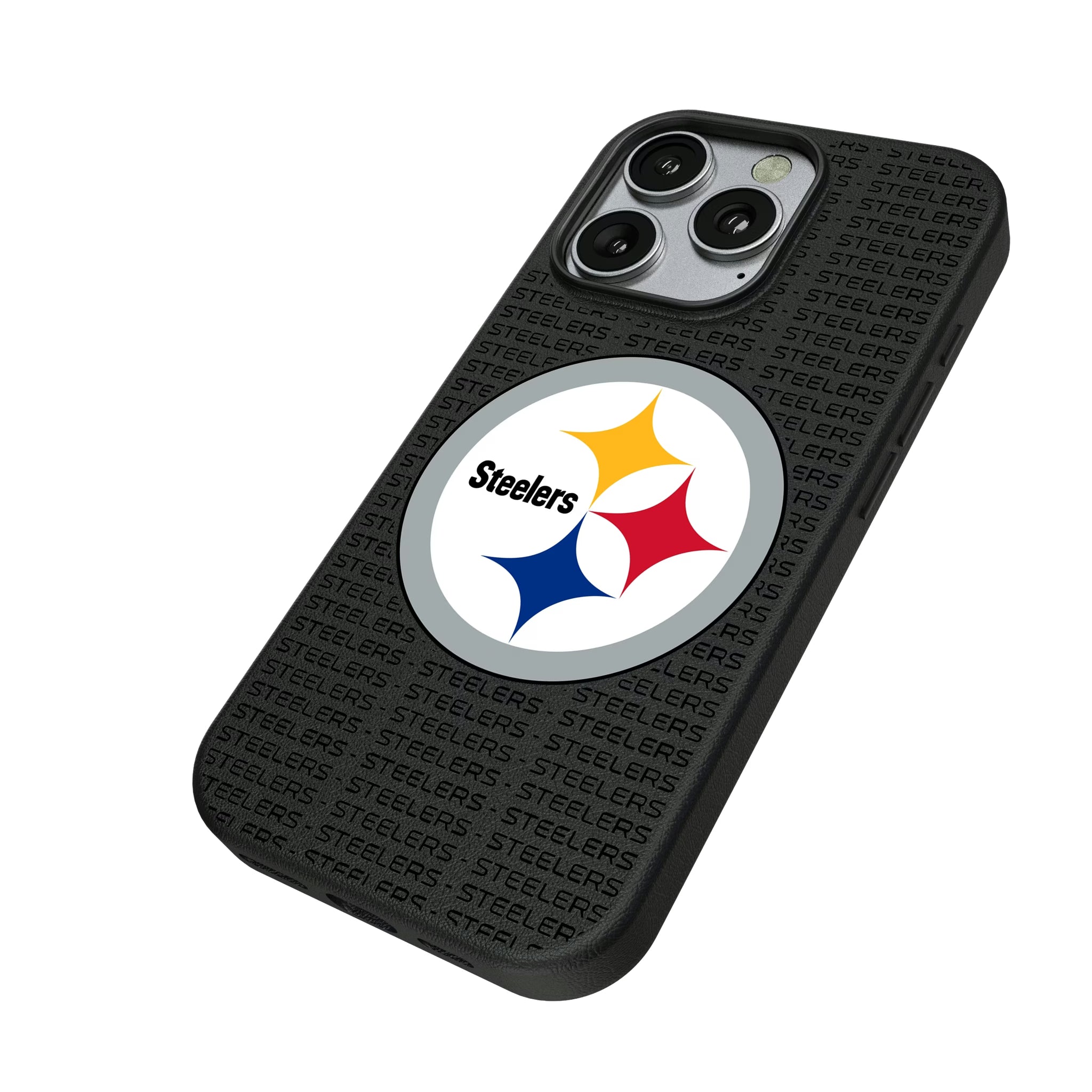 Pittsburgh Steelers Text Backdrop iPhone MagSafe Compatible Phone Case for Apple iPhone - Isometric View