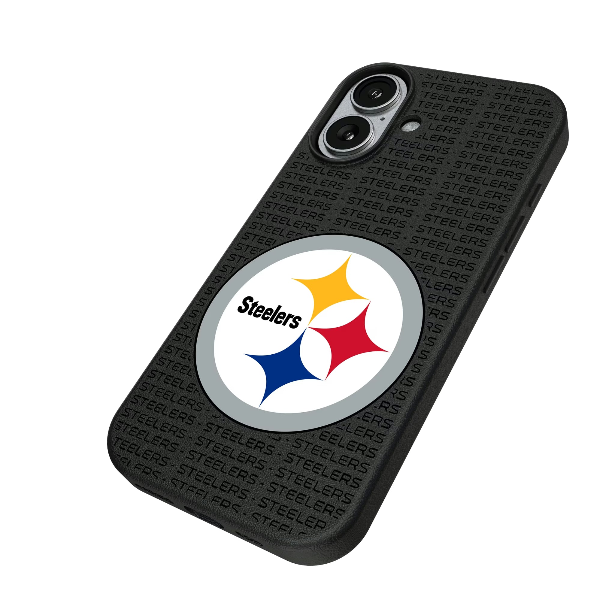 Pittsburgh Steelers Text Backdrop iPhone MagSafe Compatible Phone Case for Apple iPhone - Isometric View#Device_iPhone 17