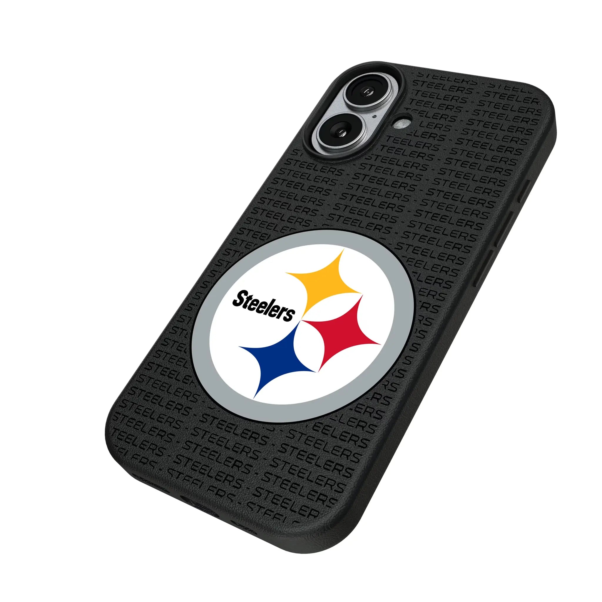 Pittsburgh Steelers Text Backdrop iPhone MagSafe Compatible Phone Case for Apple iPhone - Isometric View#Device_iPhone 17