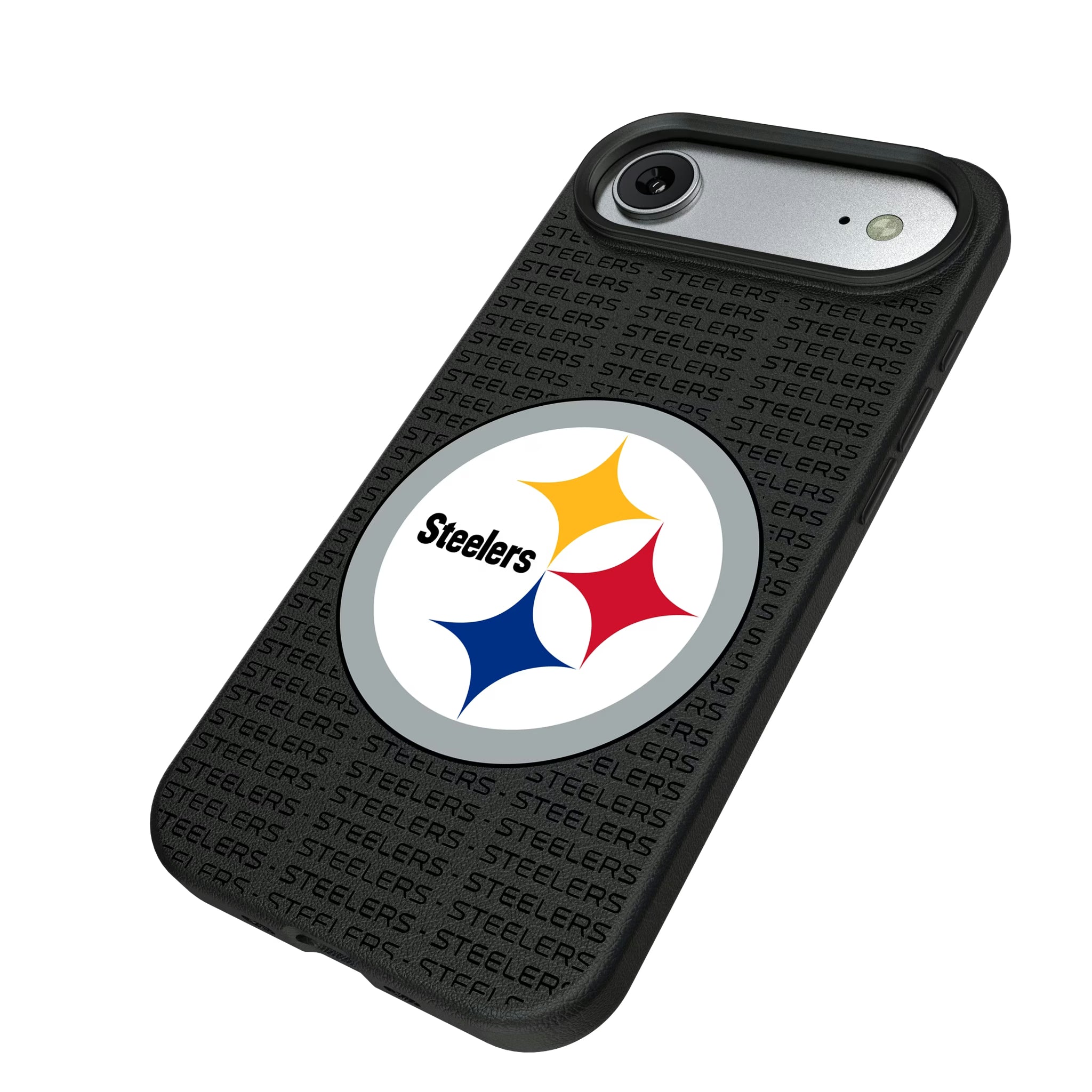 Pittsburgh Steelers Text Backdrop iPhone MagSafe Compatible Phone Case for Apple iPhone - Isometric View#Device_iPhone Air