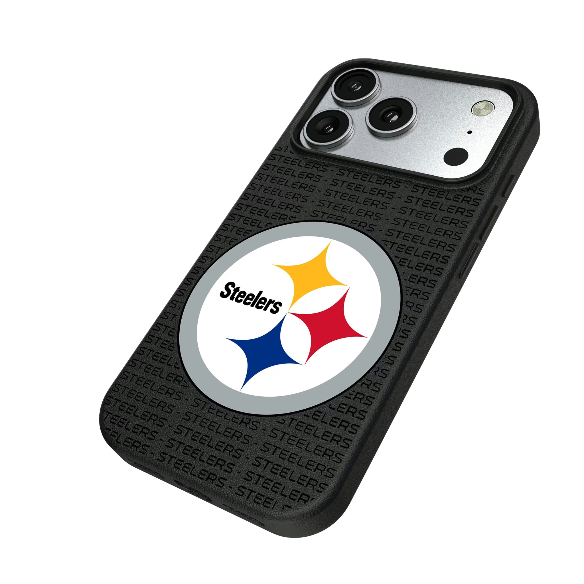 Pittsburgh Steelers Text Backdrop iPhone MagSafe Compatible Phone Case for Apple iPhone - Isometric View#Device_iPhone 17 Pro