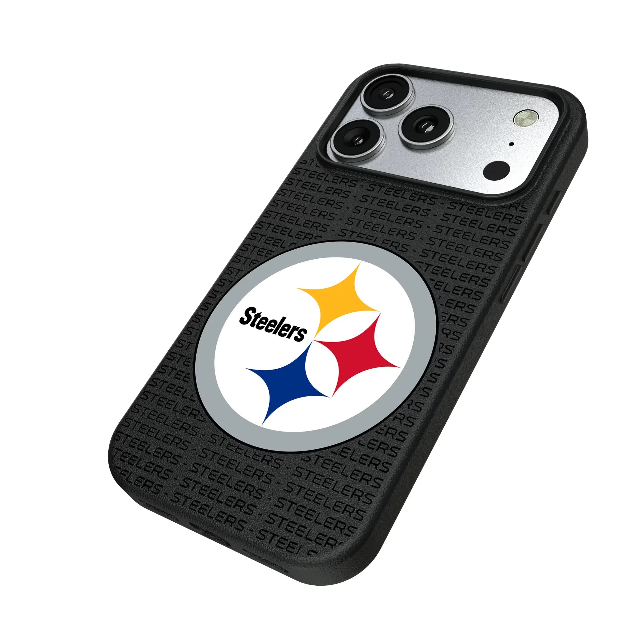 Pittsburgh Steelers Text Backdrop iPhone MagSafe Compatible Phone Case for Apple iPhone - Isometric View#Device_iPhone 17 Pro
