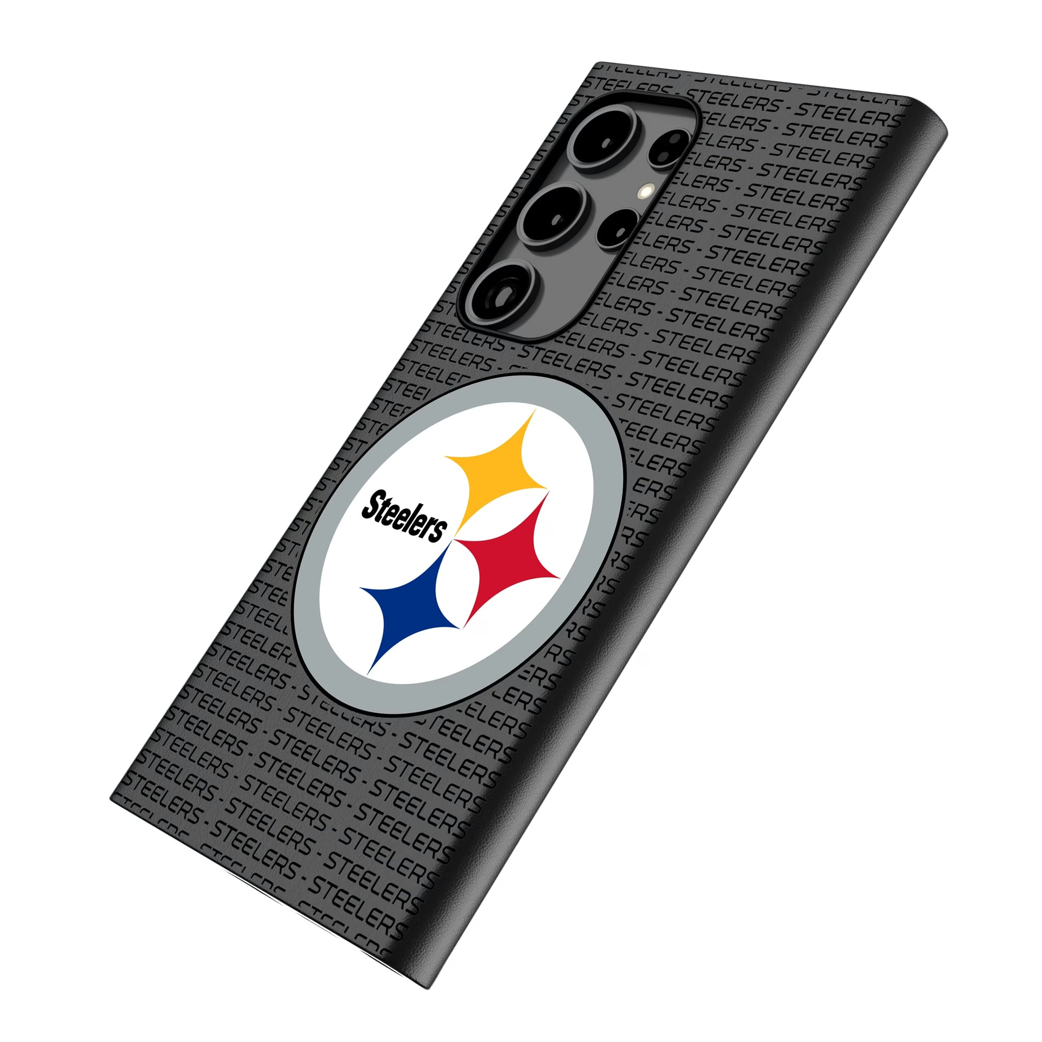 Pittsburgh Steelers Text Backdrop Galaxy MagSafe Compatible Phone Case for Samsung Galaxy - Isometric View