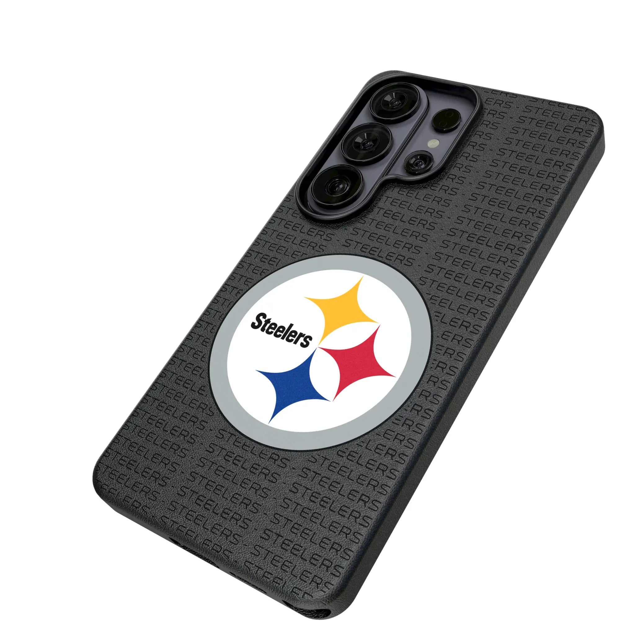 Pittsburgh Steelers Text Backdrop Galaxy MagSafe Compatible Phone Case for Samsung Galaxy - Isometric View#Device_Galaxy S26 Ultra