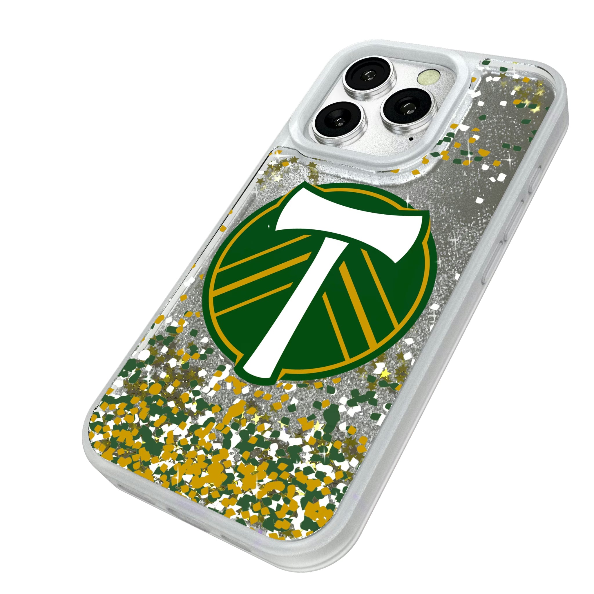 Portland Timbers Confetti iPhone Glitter Phone Case for Apple iPhone - Isometric View#Device_iPhone 16 Pro