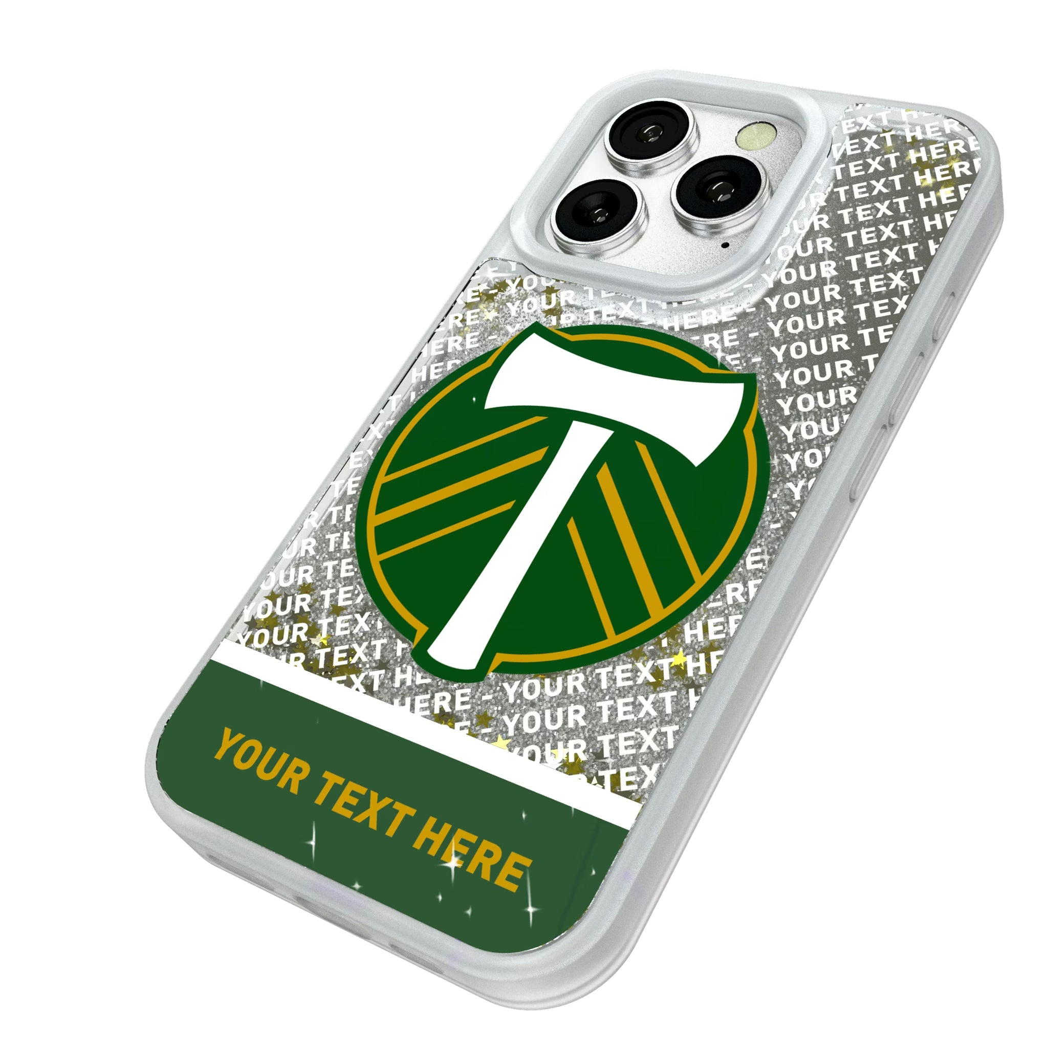 Portland Timbers Personalized EndZone Plus iPhone Glitter Phone Case for Apple iPhone - Isometric View#Device_iPhone 16 Pro