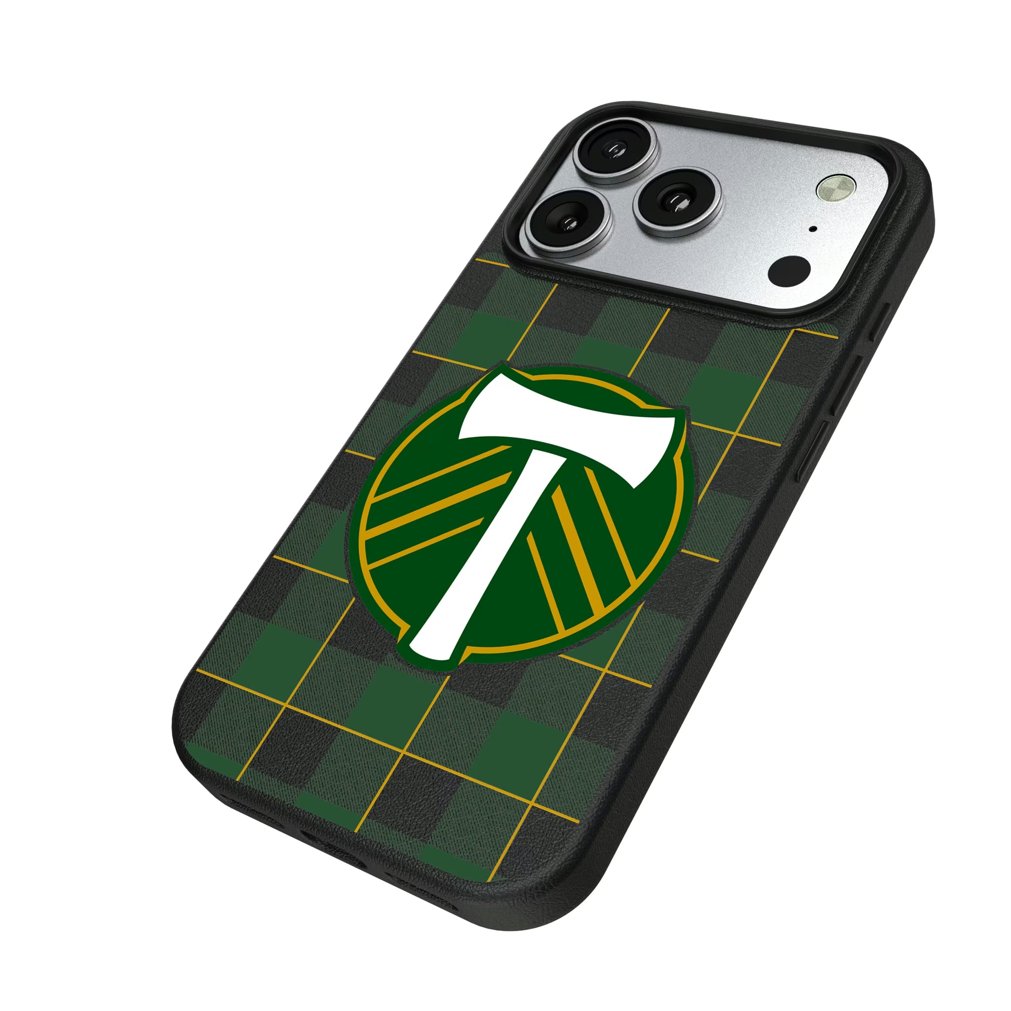 Portland Timbers Plaid iPhone MagSafe Compatible Phone Case for Apple iPhone - Isometric View#Device_iPhone 17 Pro