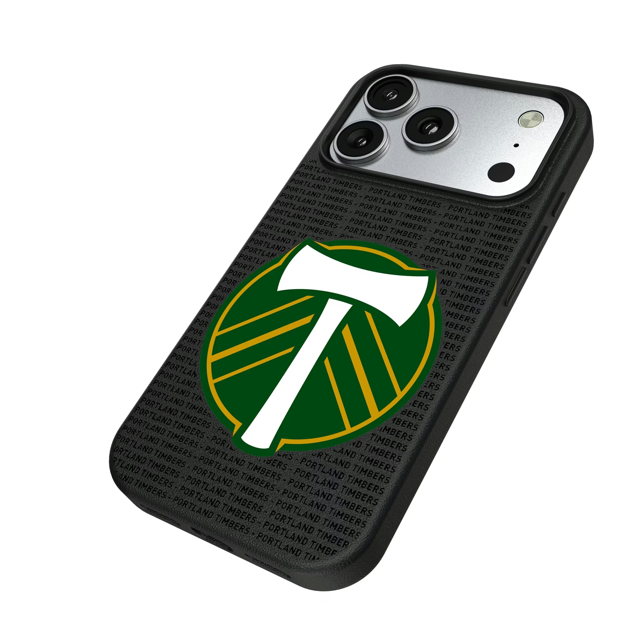 Portland Timbers Text Backdrop iPhone MagSafe Compatible Phone Case for Apple iPhone - Isometric View#Device_iPhone 17 Pro