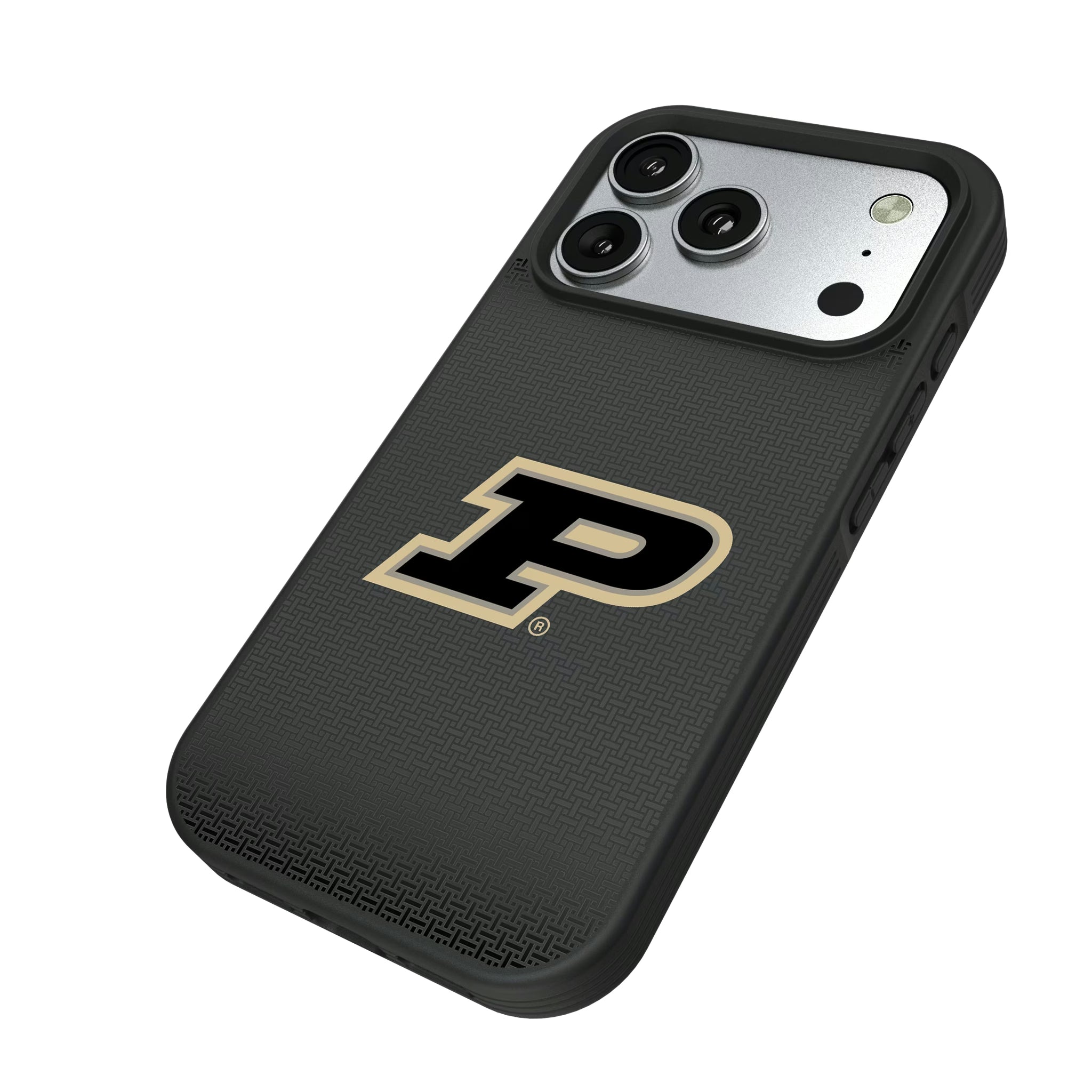 Purdue University Boilermakers Linen iPhone Bump Phone Case for Apple iPhone - Isometric View#Device_iPhone 17 Pro