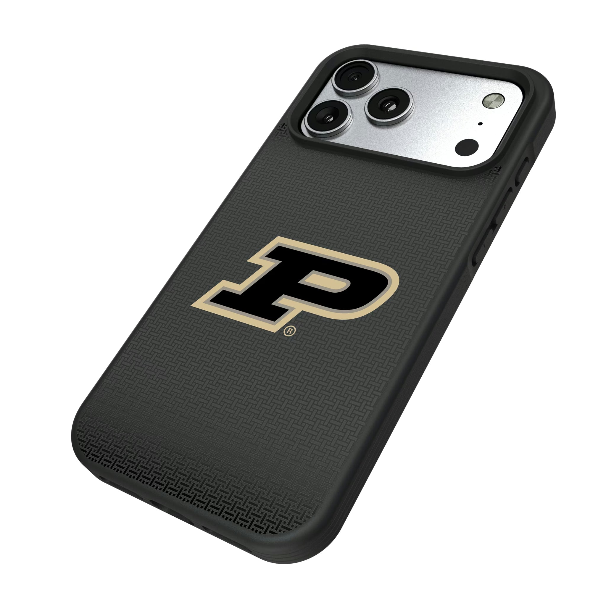 Purdue University Boilermakers Linen iPhone Bump Phone Case for Apple iPhone - Isometric View#Device_iPhone 17 Pro Max