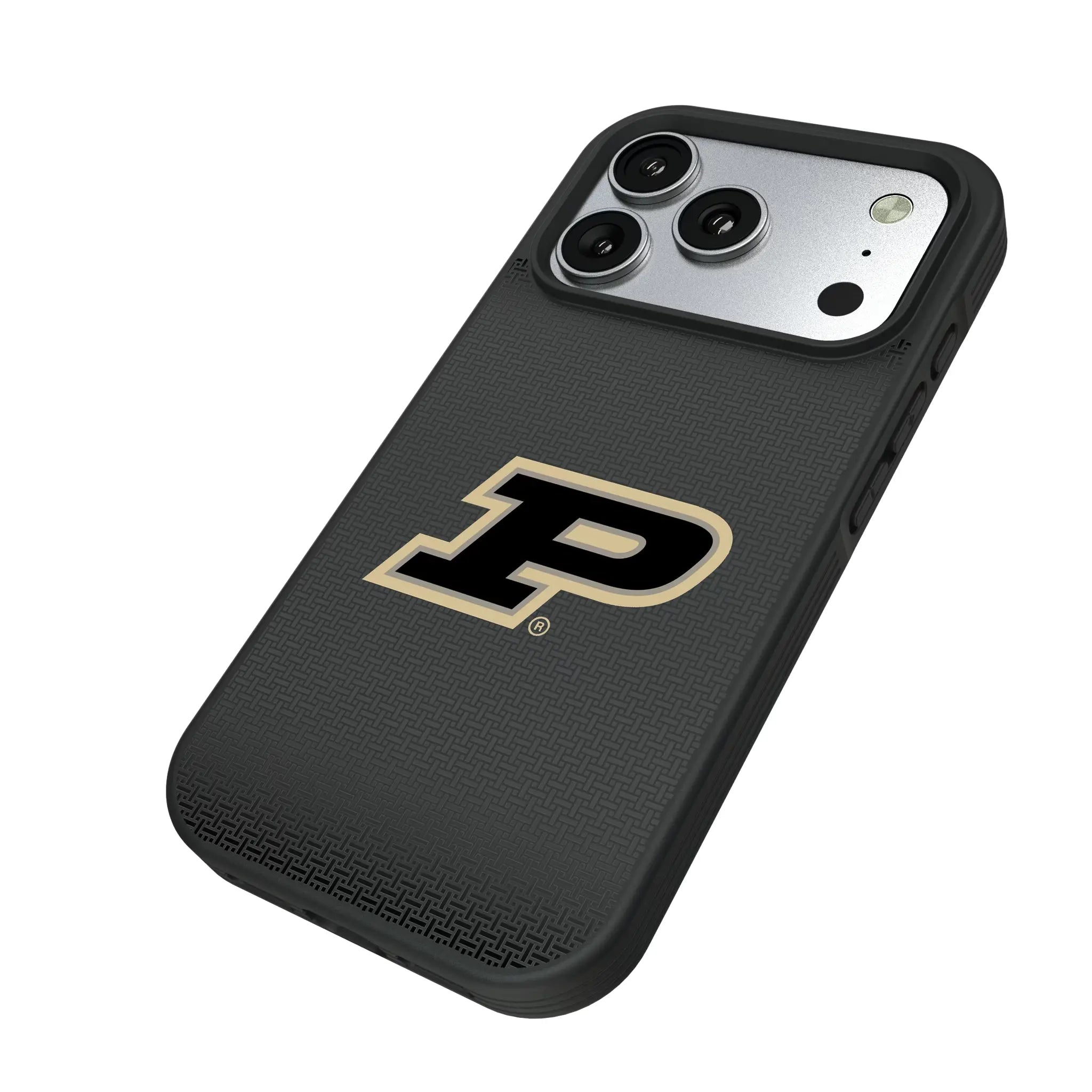 Purdue University Boilermakers Linen iPhone Bump Phone Case for Apple iPhone - Isometric View#Device_iPhone 17 Pro