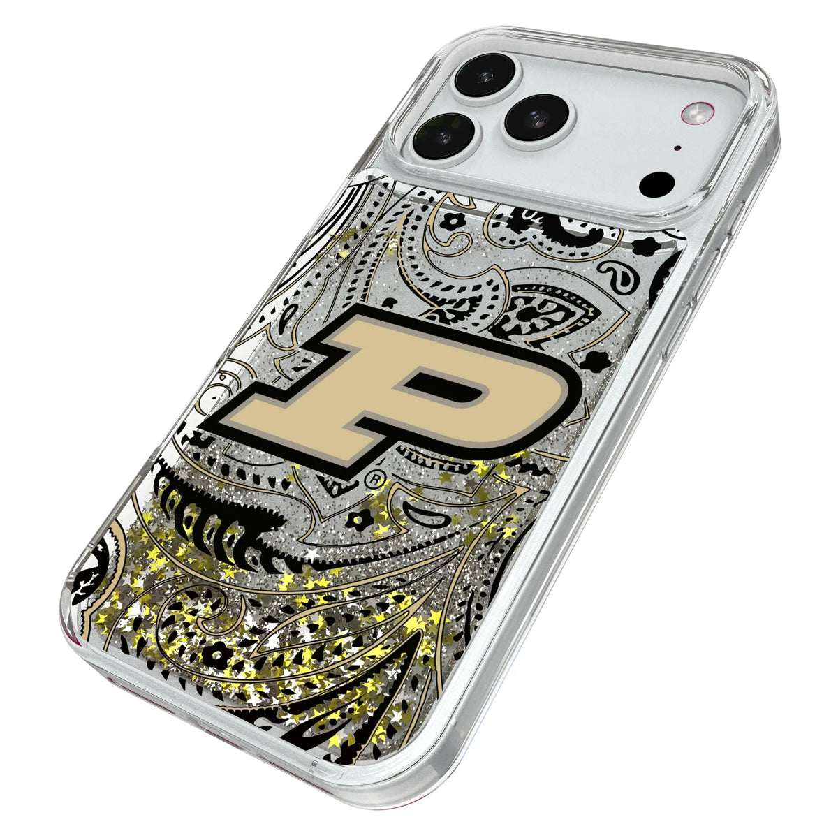 Purdue University Boilermakers Paisley iPhone Glitter Phone Case for Apple iPhone - Isometric View#Device_iPhone 18 Pro Max