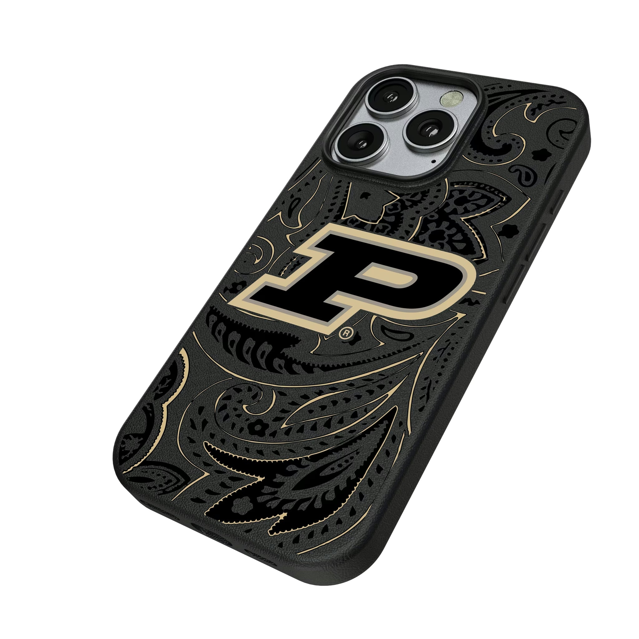 Purdue University Boilermakers Paisley iPhone MagSafe Compatible Phone Case for Apple iPhone - Isometric View