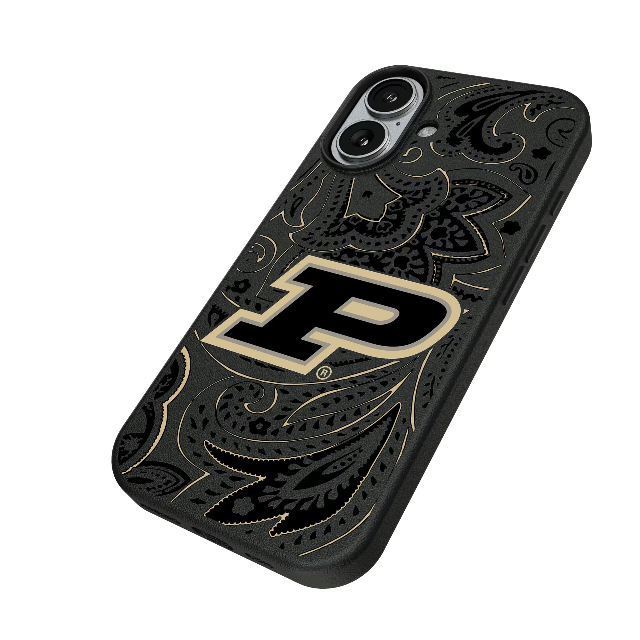 Purdue University Boilermakers Paisley iPhone MagSafe Compatible Phone Case for Apple iPhone - Isometric View#Device_iPhone 17