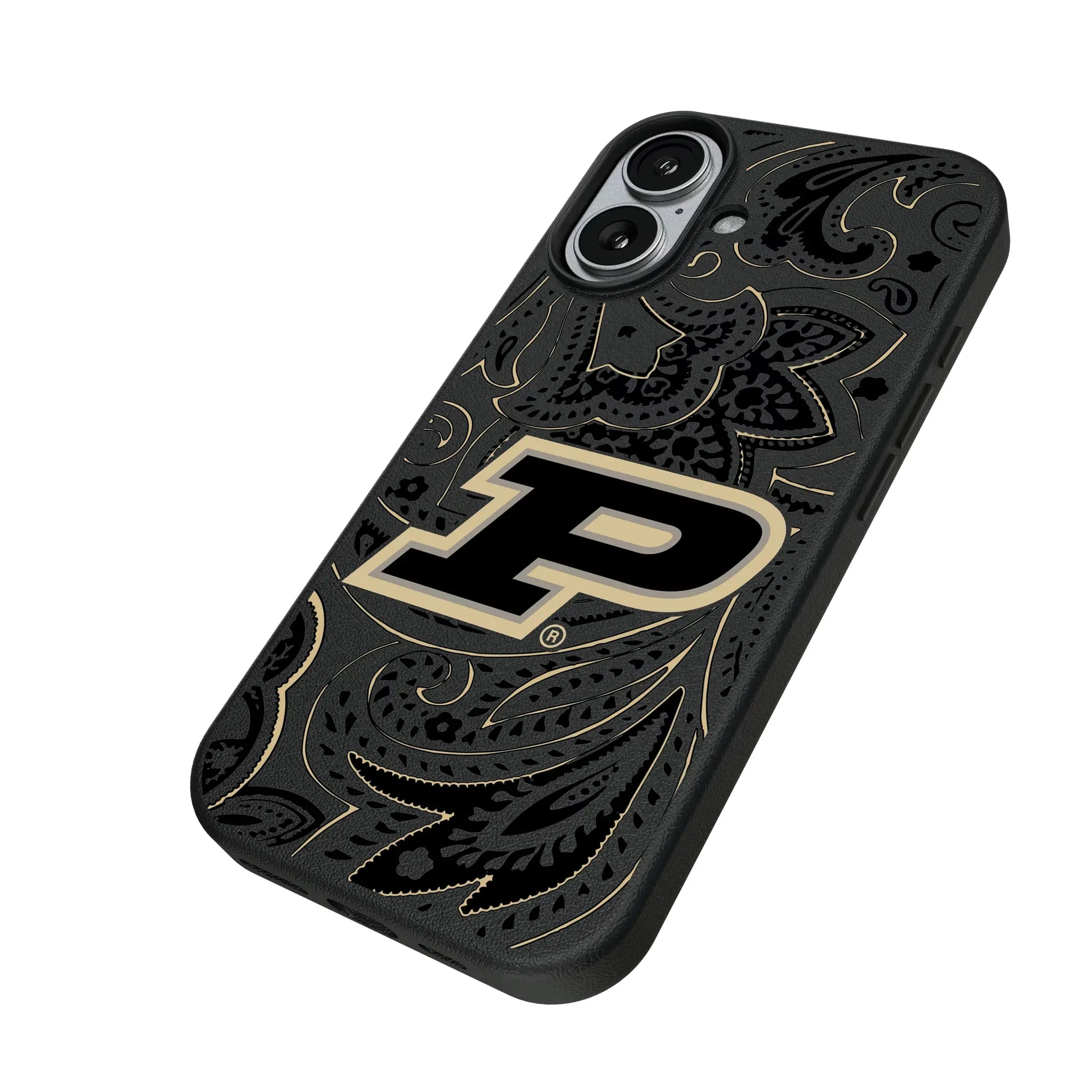 Purdue University Boilermakers Paisley iPhone MagSafe Compatible Phone Case for Apple iPhone - Isometric View#Device_iPhone 17