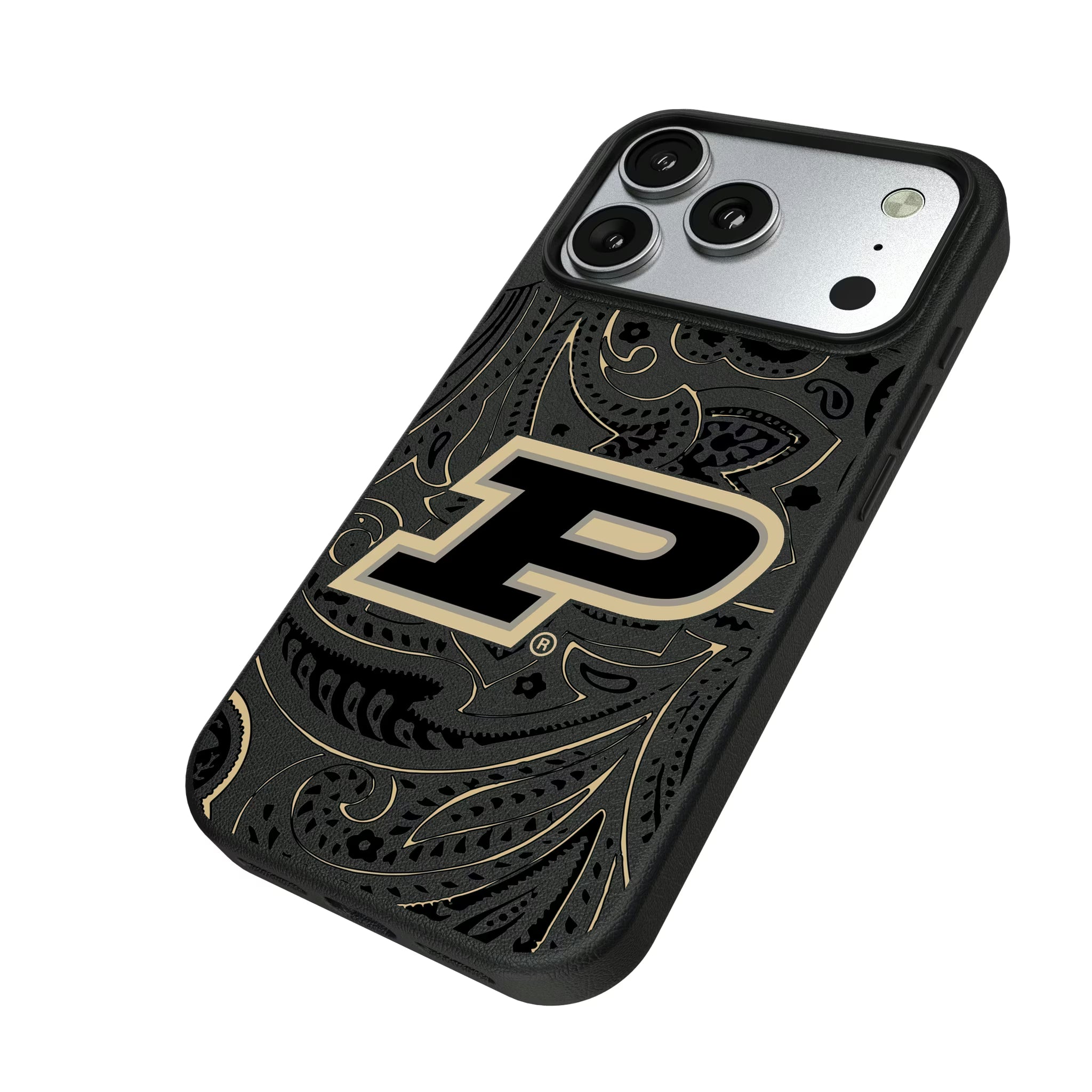 Purdue University Boilermakers Paisley iPhone MagSafe Compatible Phone Case for Apple iPhone - Isometric View#Device_iPhone 17 Pro