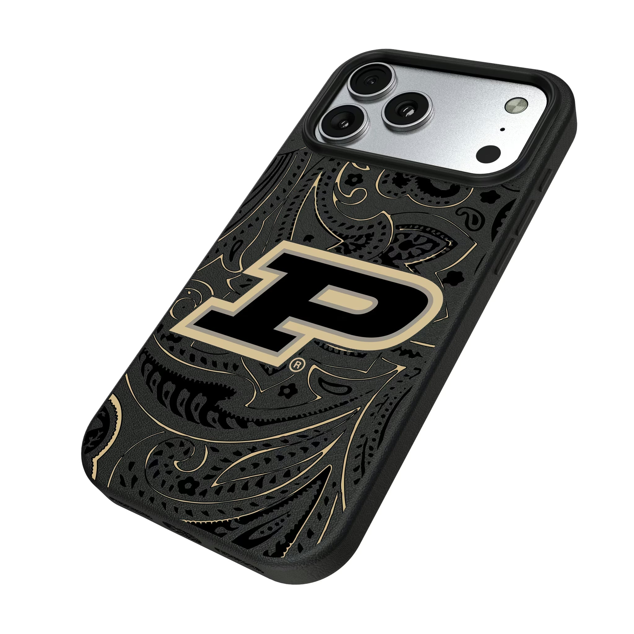 Purdue University Boilermakers Paisley iPhone MagSafe Compatible Phone Case for Apple iPhone - Isometric View#Device_iPhone 17 Pro Max