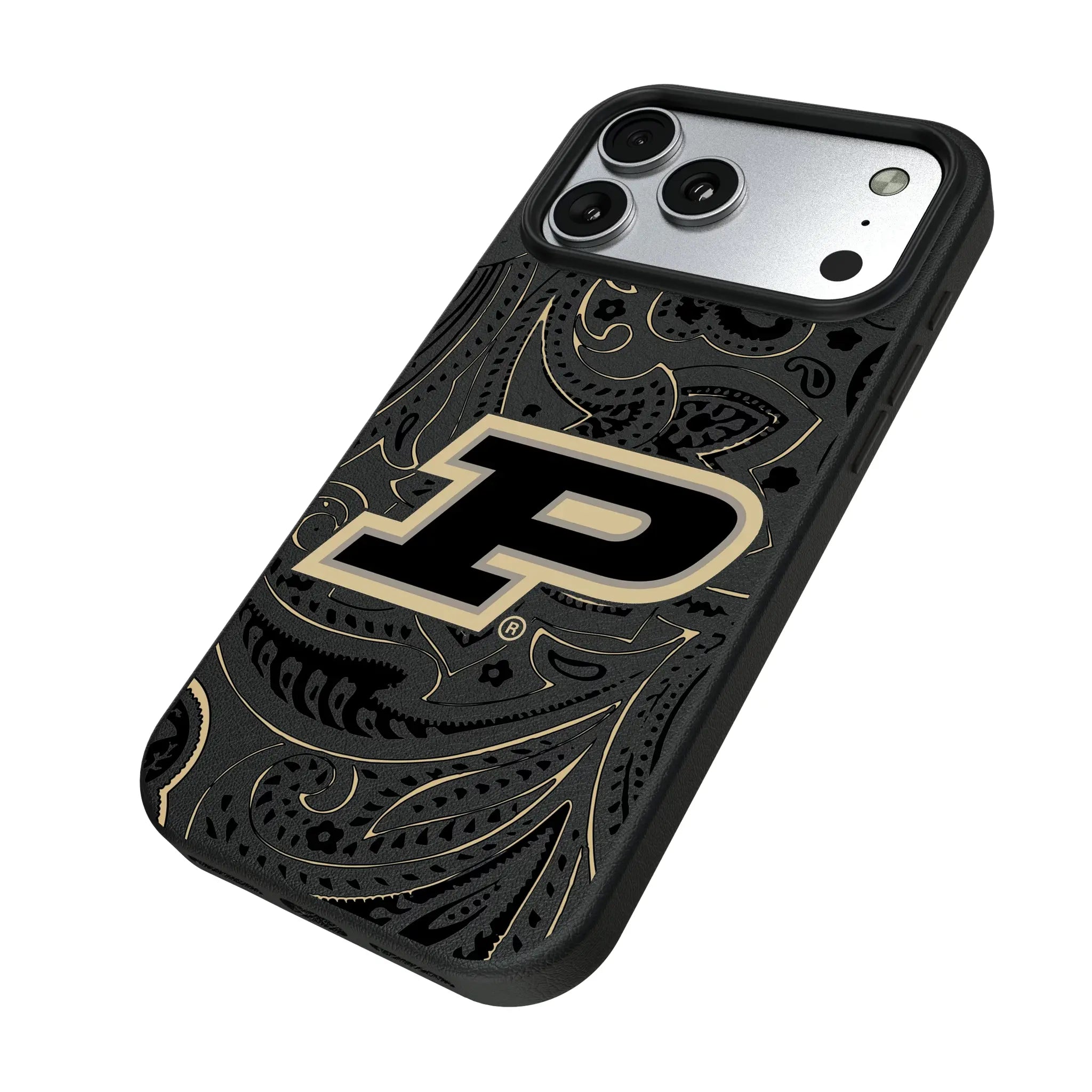 Purdue University Boilermakers Paisley iPhone MagSafe Compatible Phone Case for Apple iPhone - Isometric View#Device_iPhone 17 Pro Max