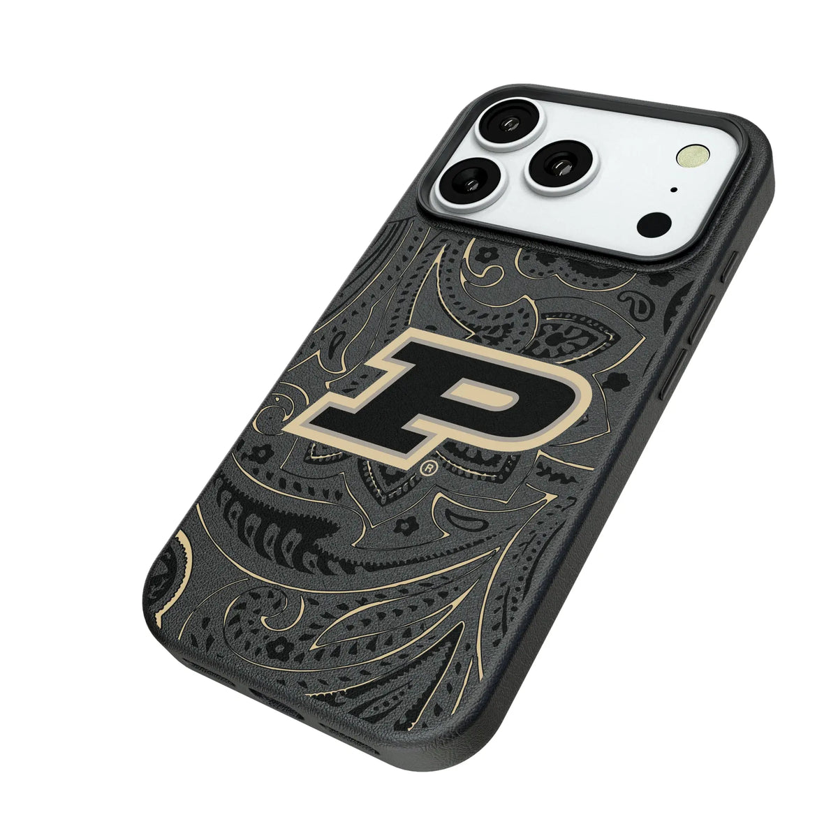 Purdue University Boilermakers Paisley iPhone MagSafe Compatible Phone Case for Apple iPhone - Isometric View#Device_iPhone 18 Pro