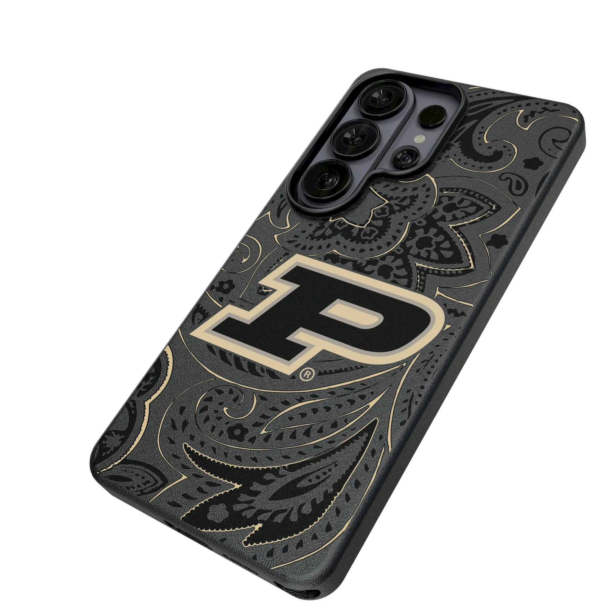 Purdue University Boilermakers Paisley Galaxy MagSafe Compatible Phone Case for Samsung Galaxy - Isometric View#Device_Galaxy S26 Ultra