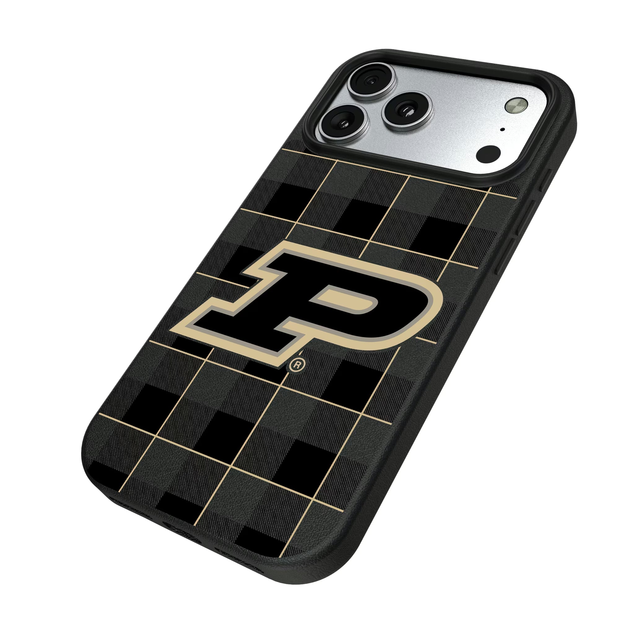Purdue University Boilermakers Plaid iPhone MagSafe Compatible Phone Case for Apple iPhone - Isometric View#Device_iPhone 17 Pro Max