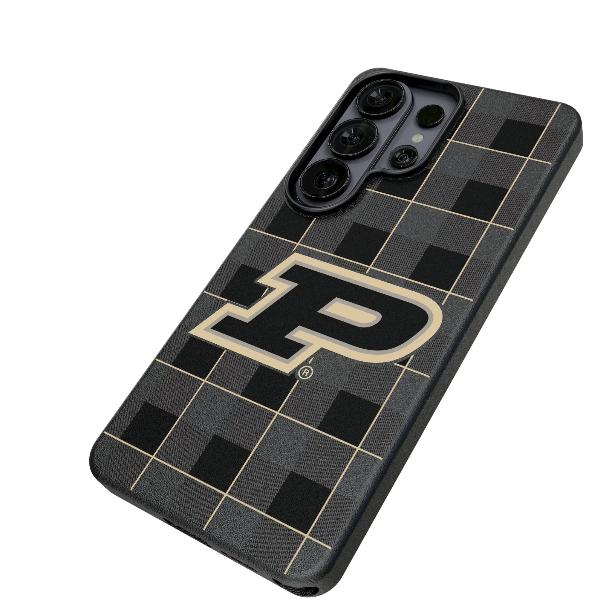 Purdue University Boilermakers Plaid Galaxy MagSafe Compatible Phone Case for Samsung Galaxy - Isometric View#Device_Galaxy S26 Ultra