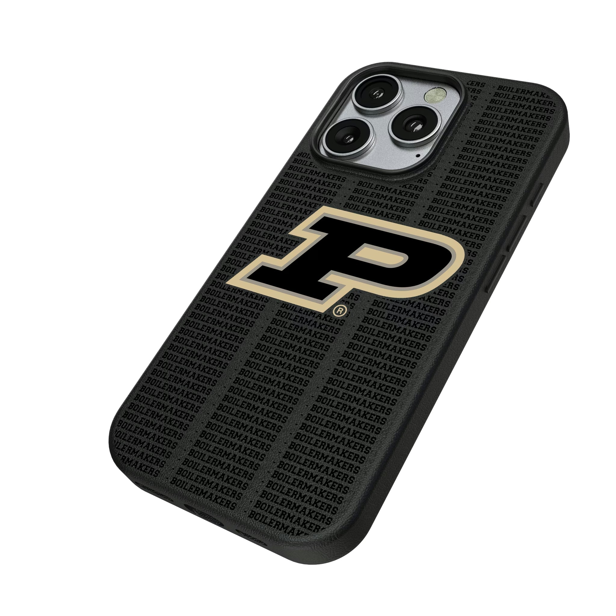 Purdue University Boilermakers Text Backdrop iPhone MagSafe Compatible Phone Case for Apple iPhone - Isometric View