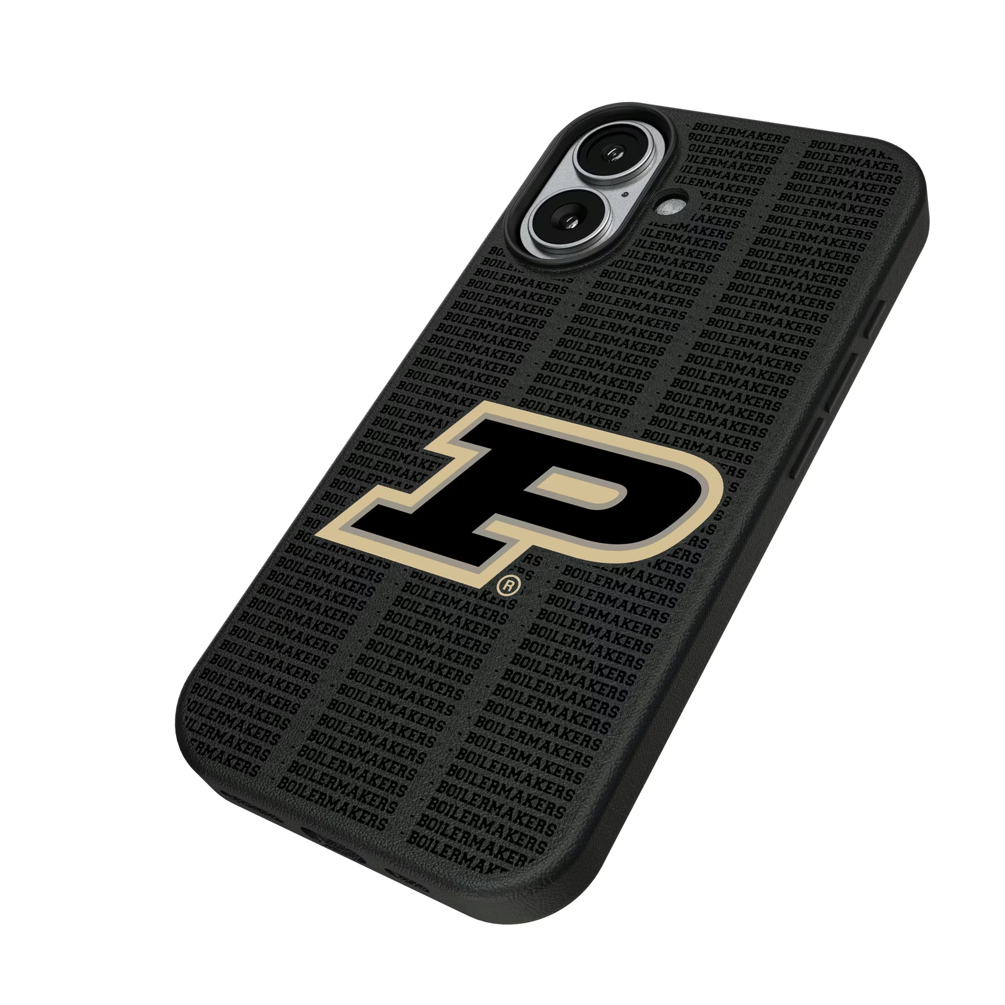 Purdue University Boilermakers Text Backdrop iPhone MagSafe Compatible Phone Case for Apple iPhone - Isometric View#Device_iPhone 17