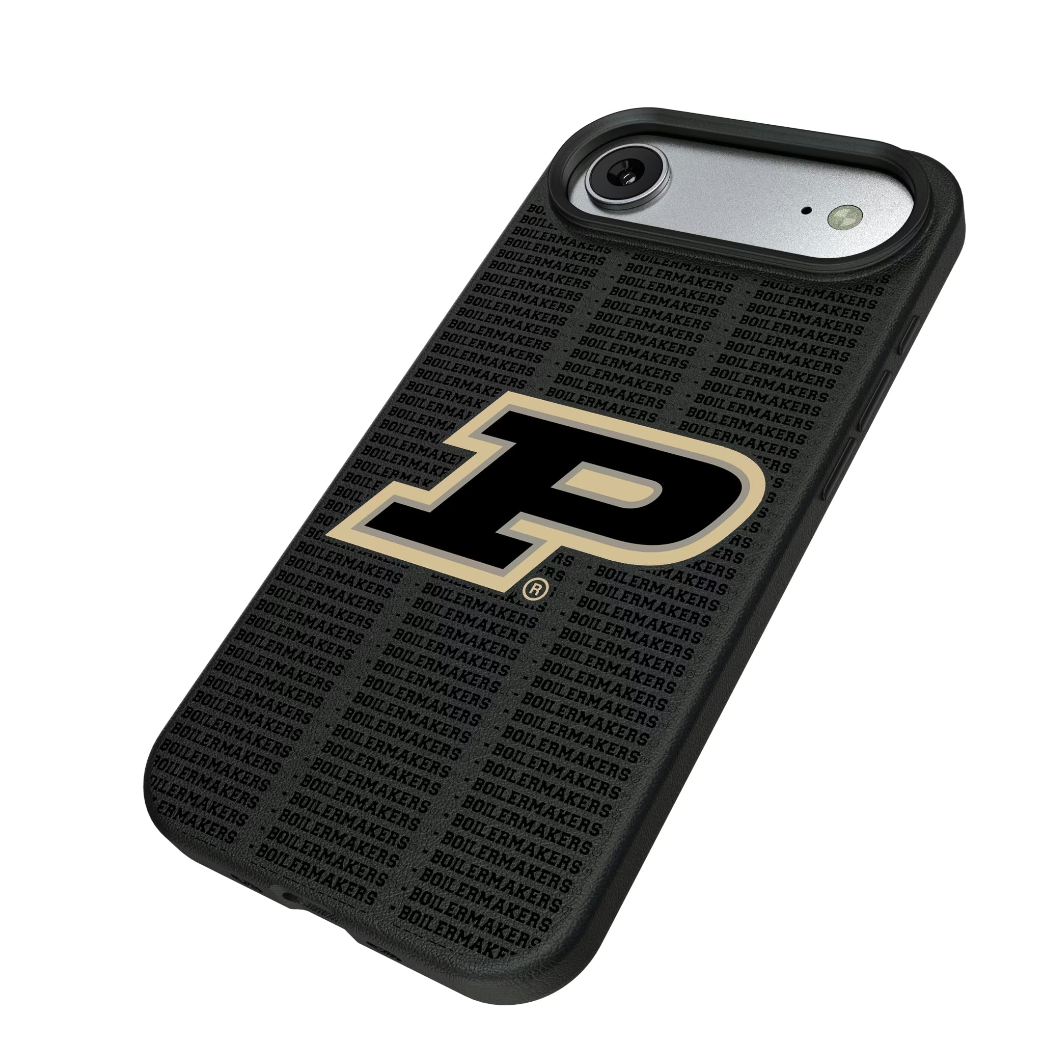 Purdue University Boilermakers Text Backdrop iPhone MagSafe Compatible Phone Case for Apple iPhone - Isometric View#Device_iPhone Air