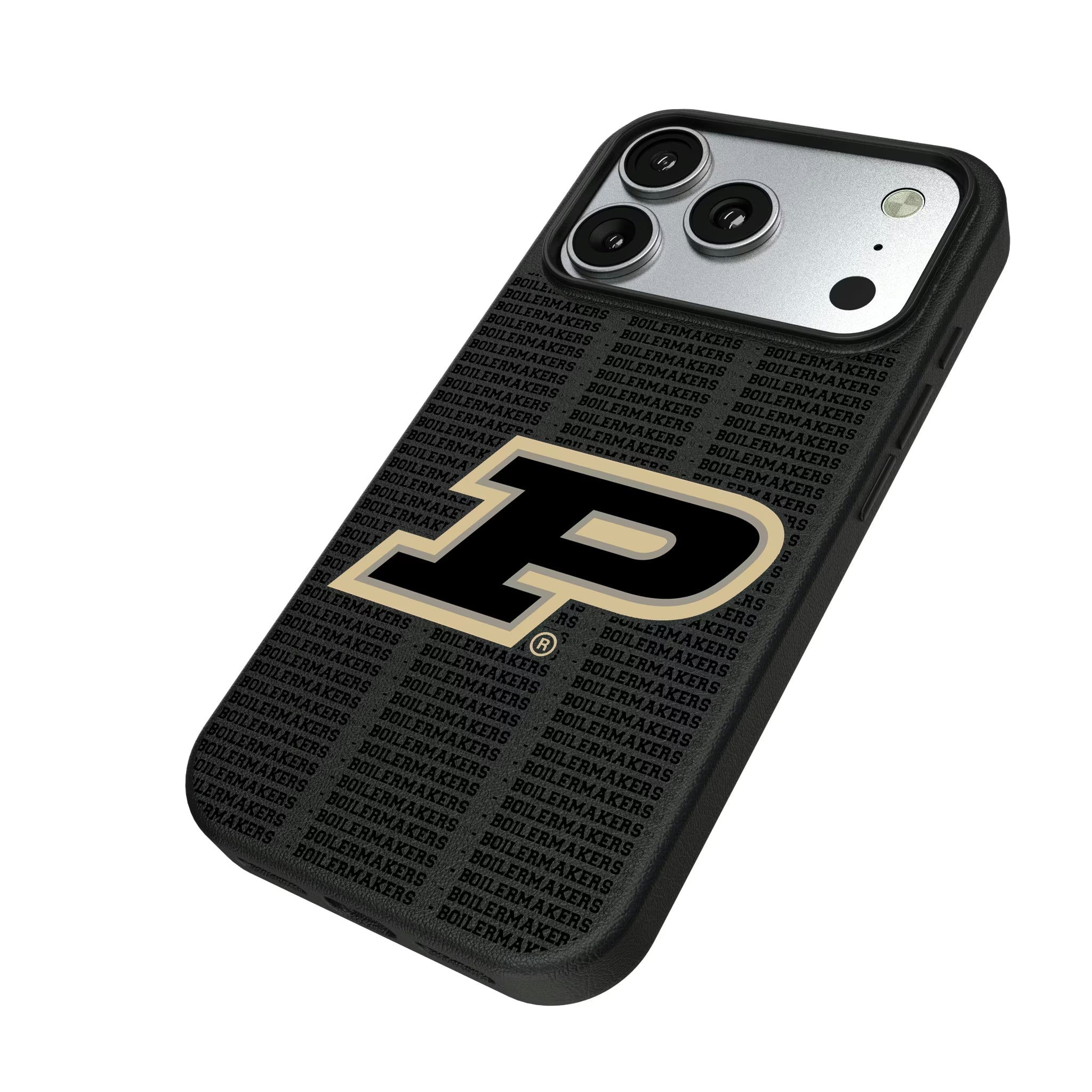 Purdue University Boilermakers Text Backdrop iPhone MagSafe Compatible Phone Case for Apple iPhone - Isometric View#Device_iPhone 17 Pro
