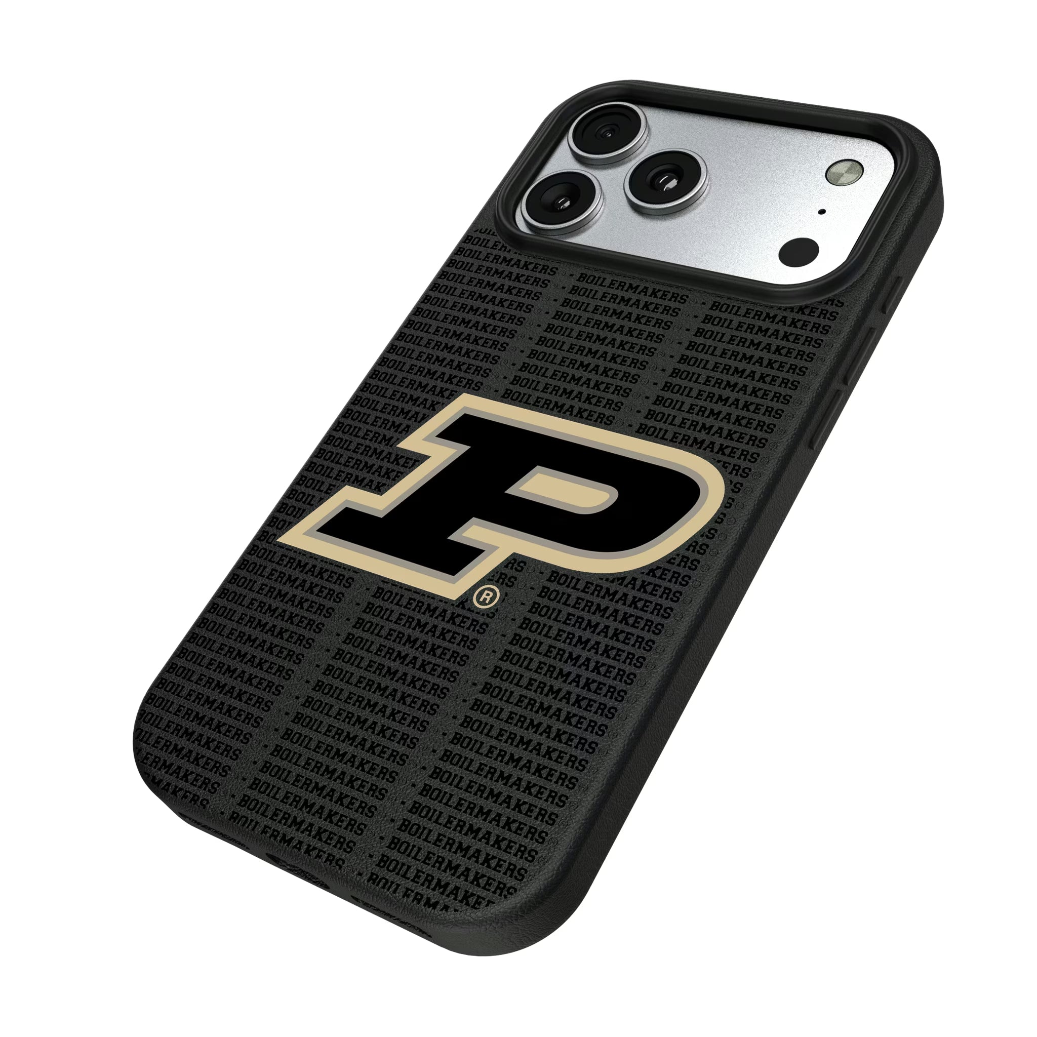 Purdue University Boilermakers Text Backdrop iPhone MagSafe Compatible Phone Case for Apple iPhone - Isometric View#Device_iPhone 17 Pro Max