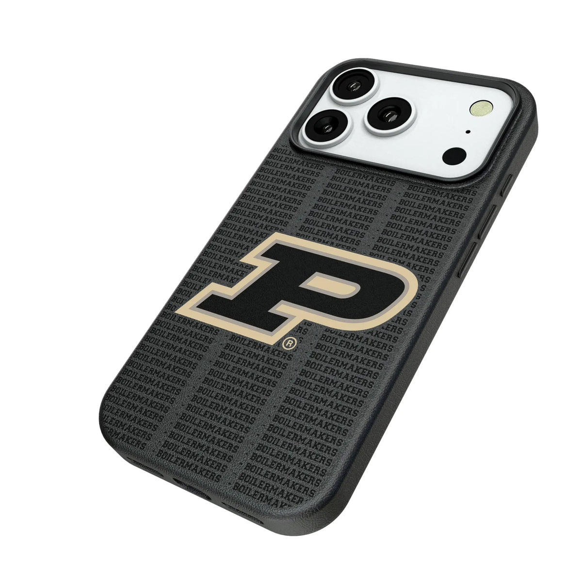 Purdue University Boilermakers Text Backdrop iPhone MagSafe Compatible Phone Case for Apple iPhone - Isometric View#Device_iPhone 18 Pro