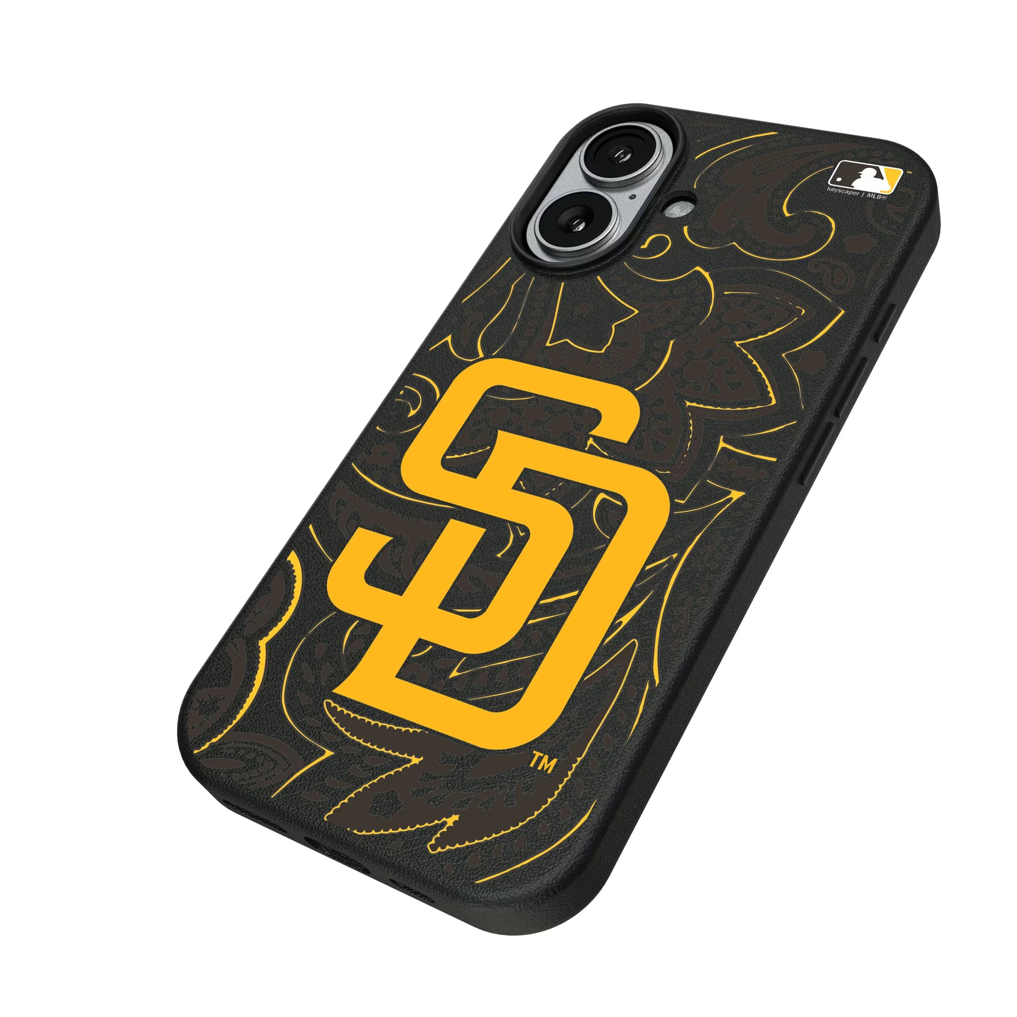 San Diego Padres Paisley iPhone MagSafe Compatible Phone Case for Apple iPhone - Isometric View#Device_iPhone 17