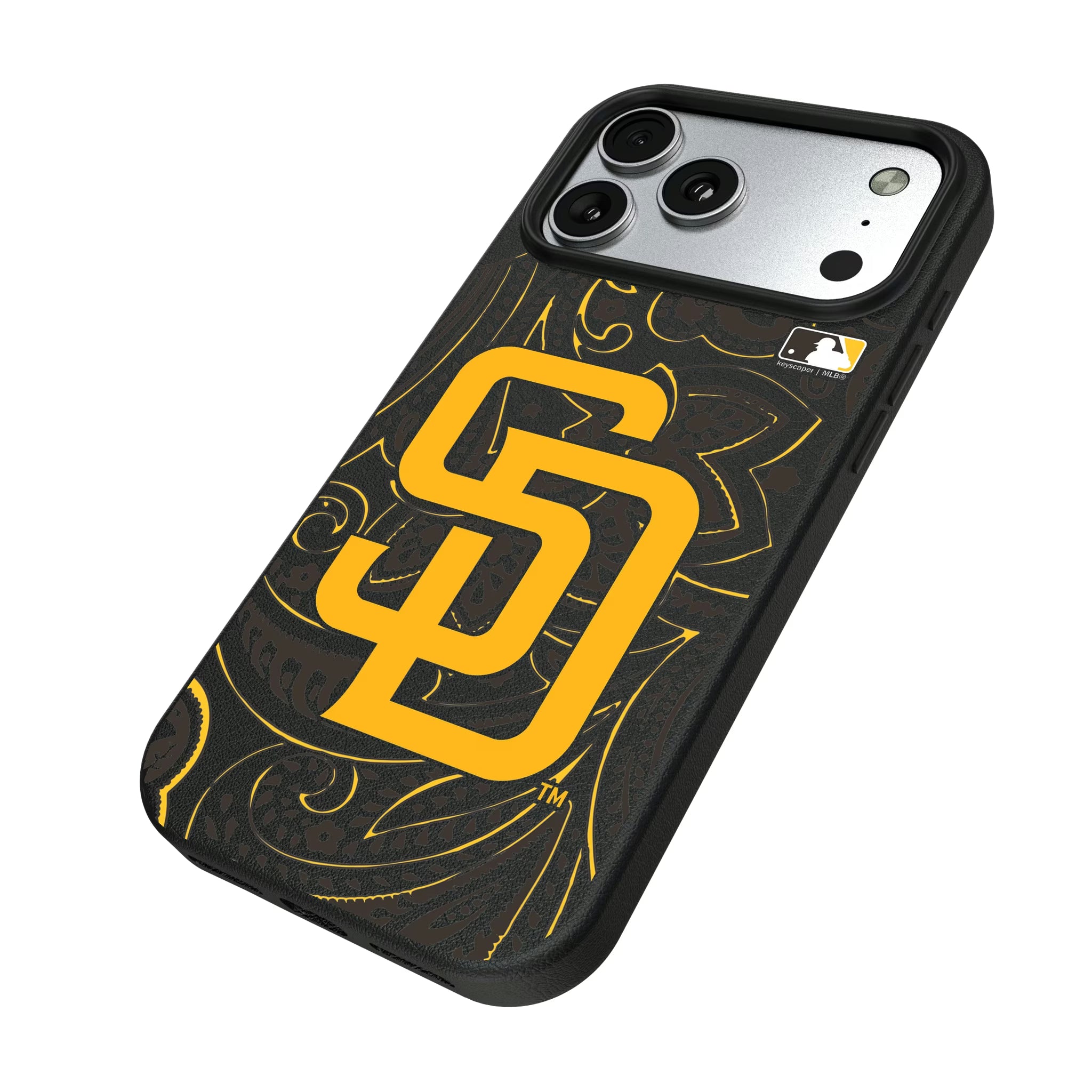 San Diego Padres Paisley iPhone MagSafe Compatible Phone Case for Apple iPhone - Isometric View#Device_iPhone 17 Pro Max