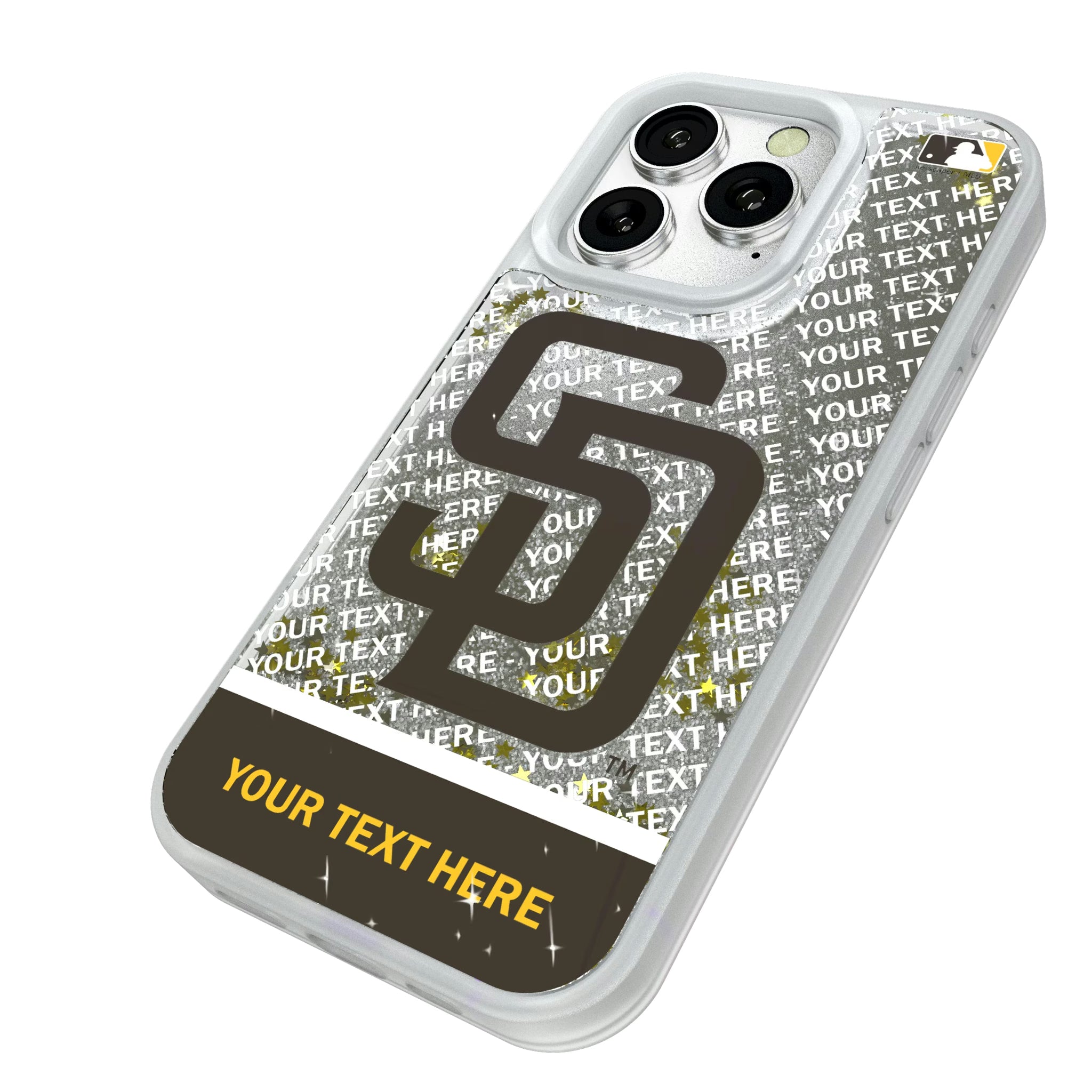 San Diego Padres Personalized EndZone Plus iPhone Glitter Phone Case for Apple iPhone - Isometric View#Device_iPhone 16 Pro
