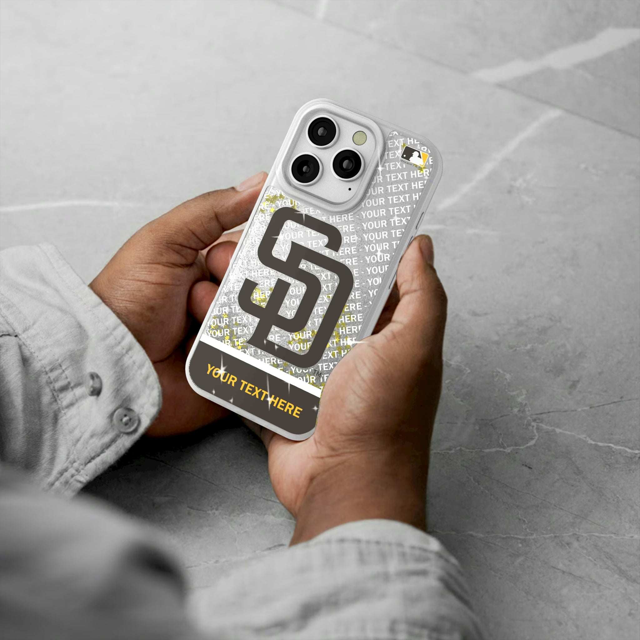 San Diego Padres Personalized EndZone Plus iPhone Glitter Phone Case for Apple iPhone - Lifestyle#Device_iPhone 16 Pro