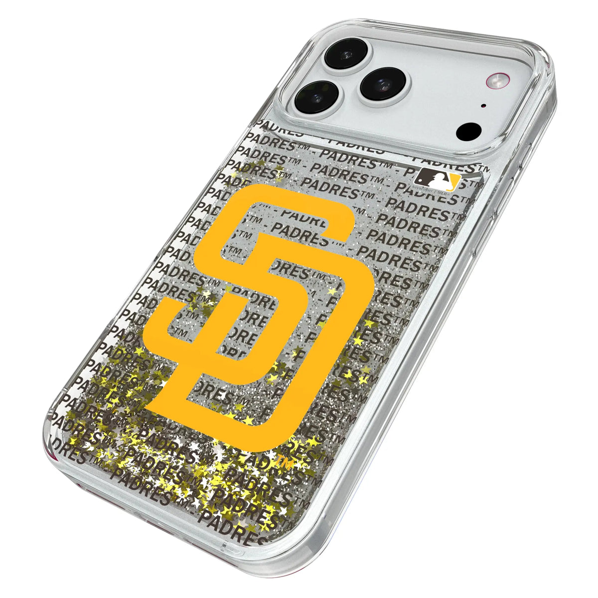 San Diego Padres Text Backdrop iPhone Glitter Phone Case for Apple iPhone - Isometric View#Device_iPhone 18 Pro Max