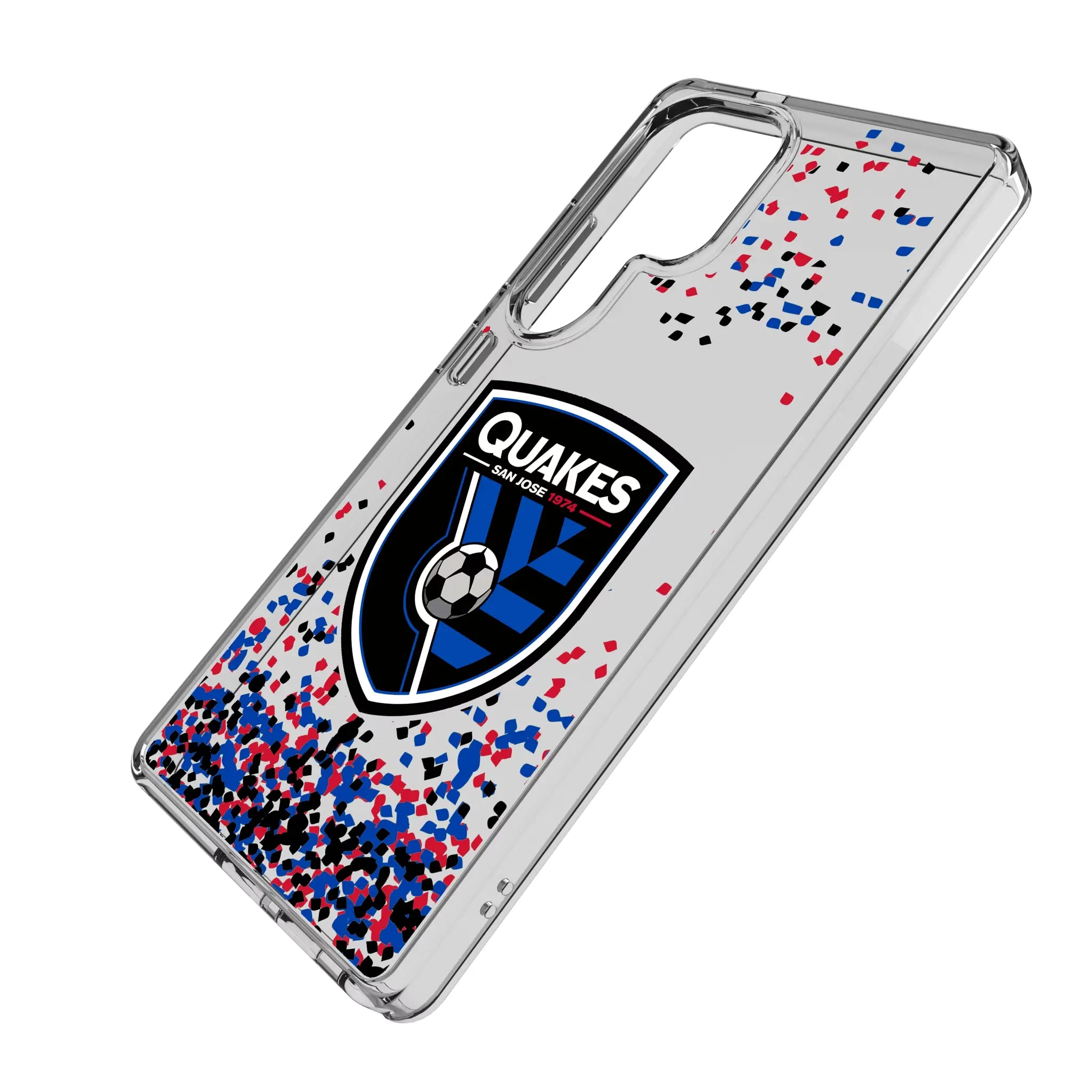 San Jose Earthquakes Confetti Galaxy Clear Phone Case for Samsung Galaxy - Isometric View#Device_Galaxy S25 Ultra